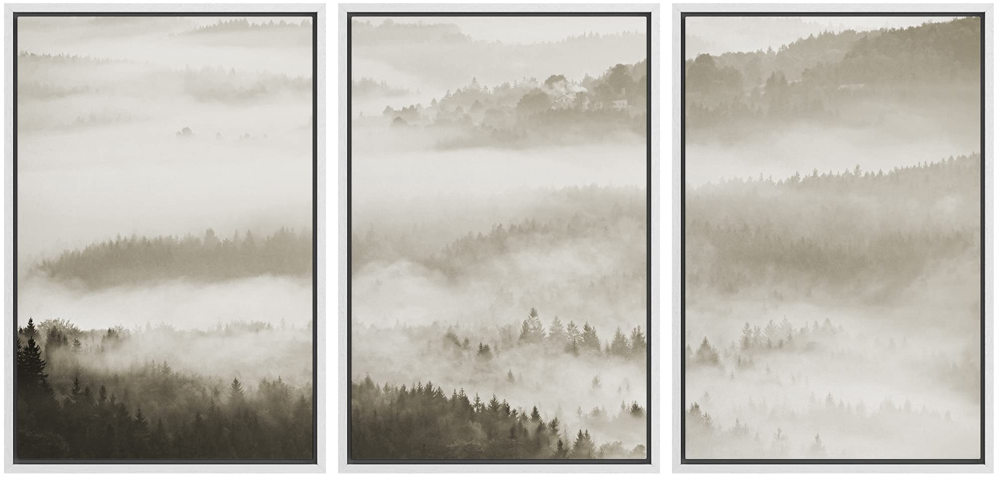 Framed Canvas Wall Art - Woodland Nursery Decor Set, Black & White Misty Mountain Nature Landscape, Modern Rustic Print for Living Room, Bedroom, Office - 24x36 Inches - Perfect for Home Decor, Housewarming Gifts & Interior Design