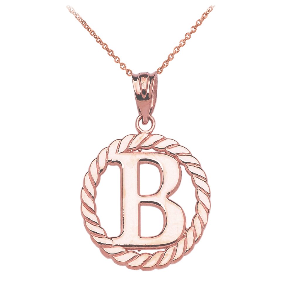 10k Rose Gold Roped Circle B Initial Pendant Necklace for Women - High Polish Elegant Jewelry Gift for Birthday, Anniversary & Valentine's Day