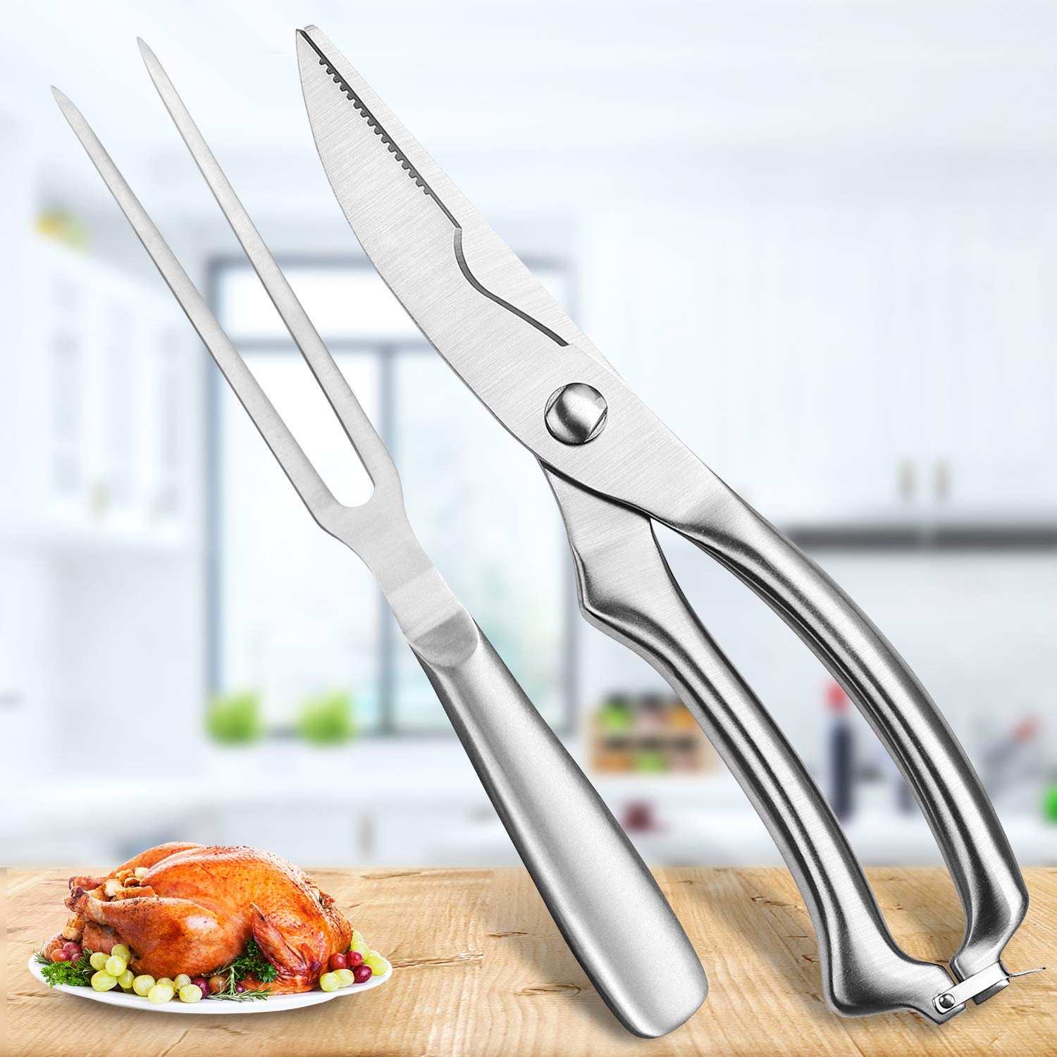 Heavy Duty Stainless Steel Kitchen Shears - Serrated Edge Poultry Shears for Chicken, Turkey, Fish & Meat Cutting - Spring Loaded Multipurpose Kitchen Scissors for Bones, Herbs & Food Prep - Perfect for Home Cooking, BBQ & Professional Chefs