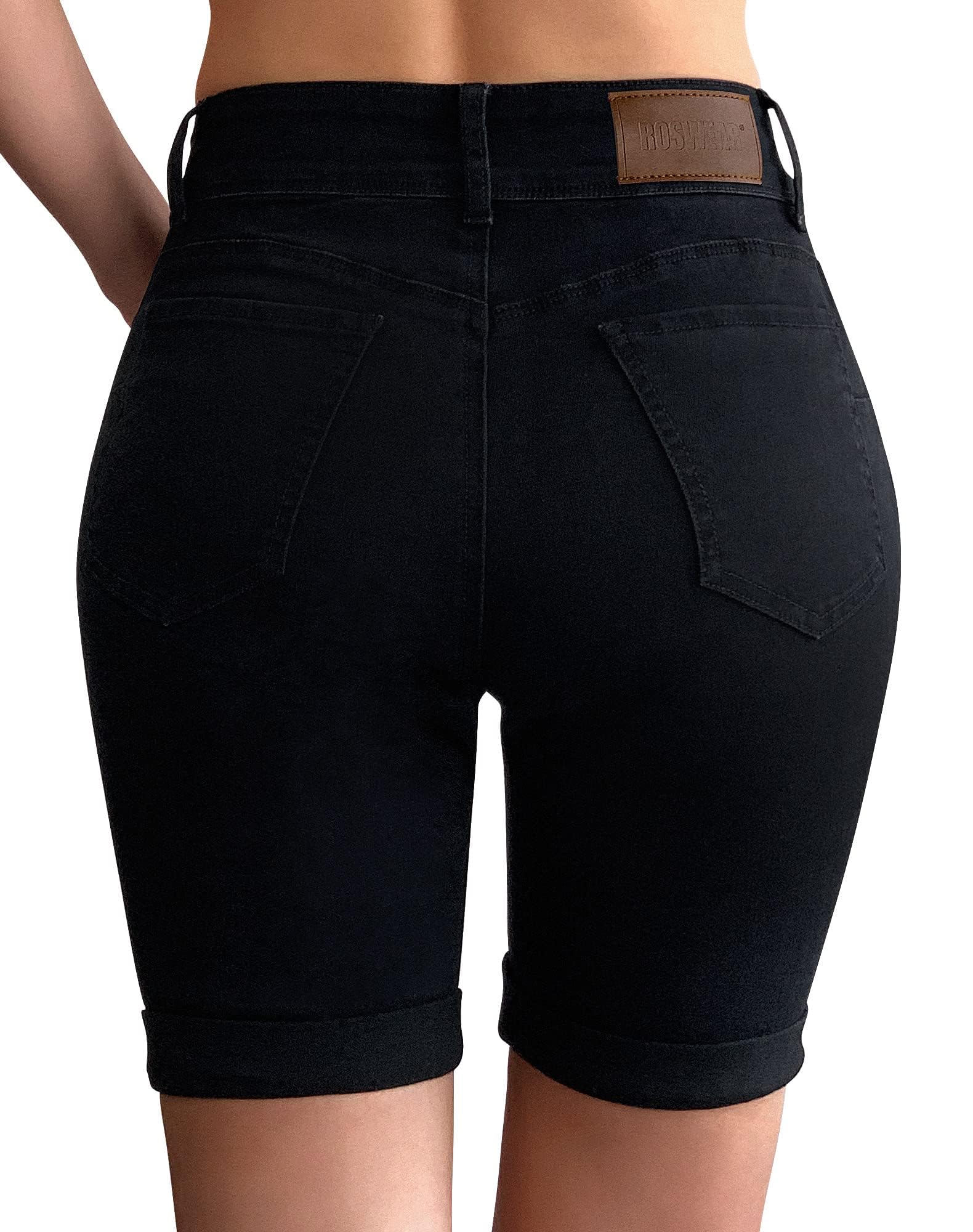 Roswear Women's Mid Rise Skinny Butt Lifting Stretchy Bermuda Jeans Shorts - Comfortable High Waisted Denim Shorts for Summer, Casual Wear & Night Out