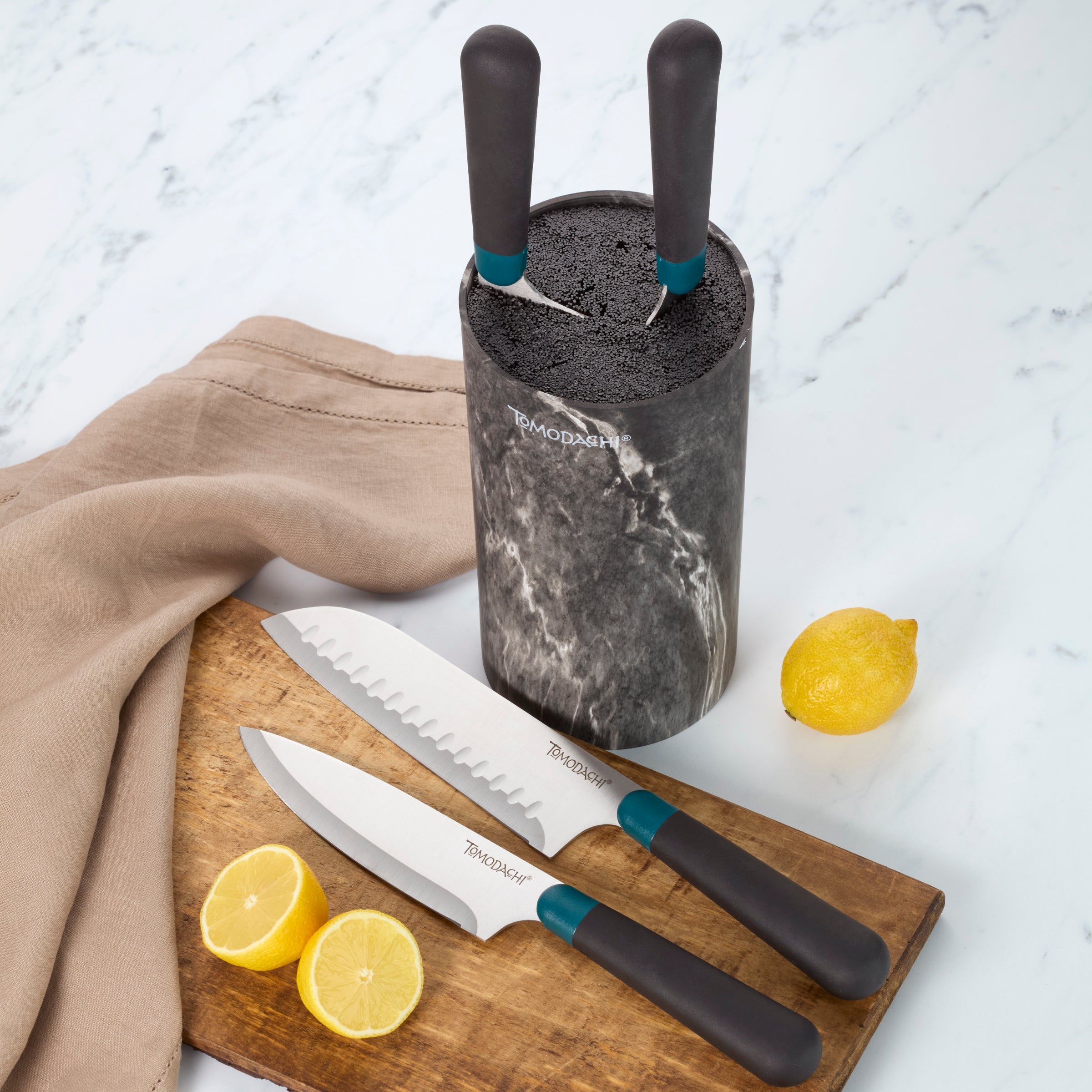 Premium Keen Black Marble 5-Piece Cutlery Set with Bristle Block Holder - Knife Fork Spoon Set for Kitchen, Dining, and Gift Giving