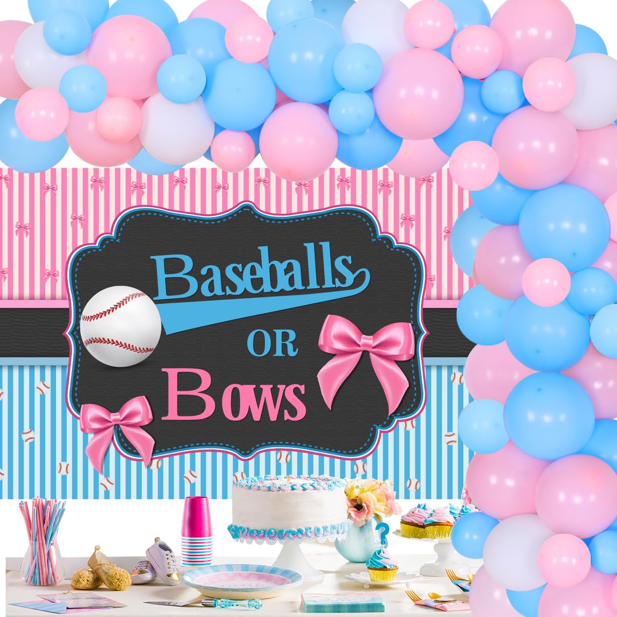 Baseball Gender Reveal Party Decorations Set - Baseball & Bow Backdrop, Latex Balloons for Baby Shower, Pregnancy Celebration (Blue & Pink) - Perfect for Baseball-Themed Gender Reveal Parties & Baby Showers