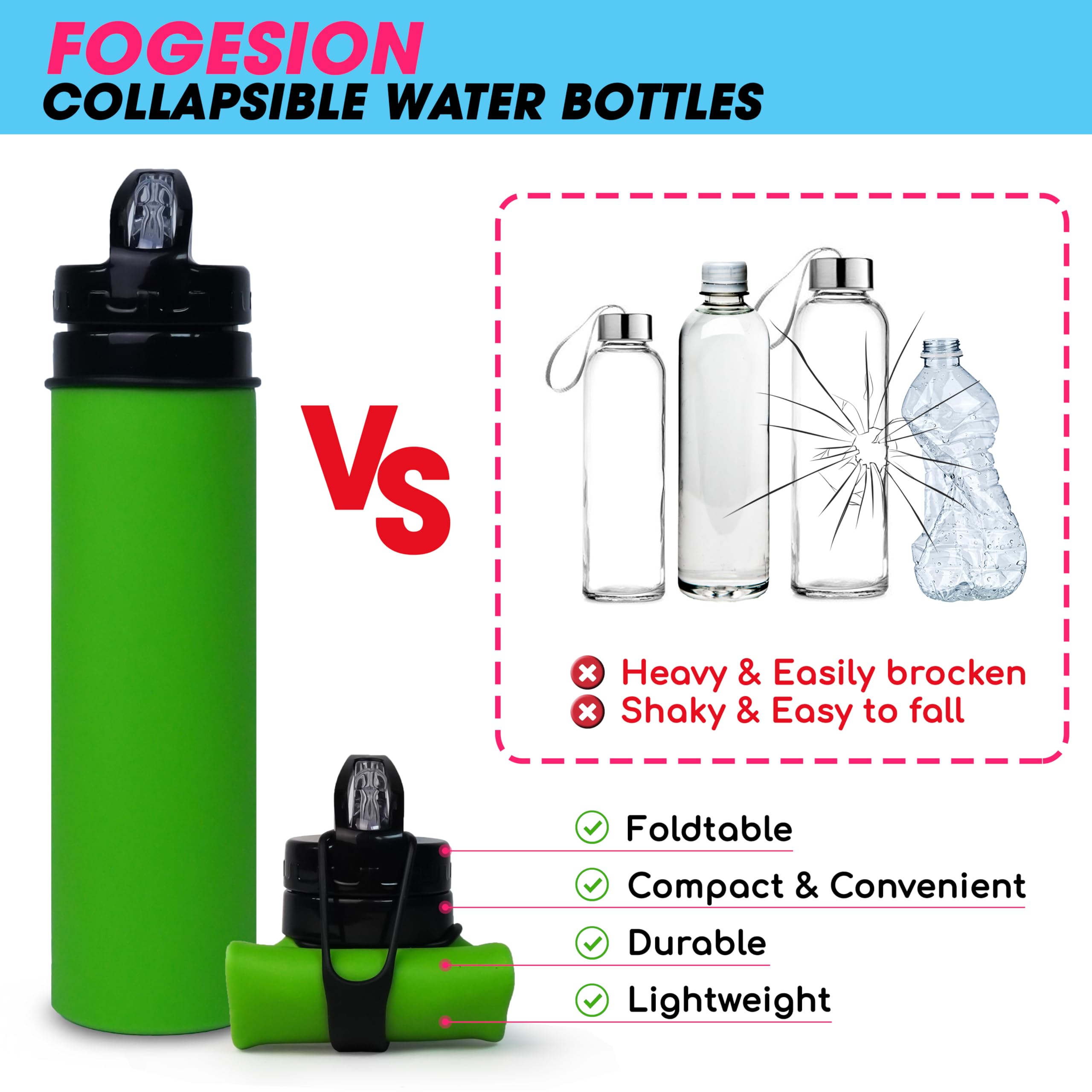 Collapsible Water Bottle 20oz - BPA Free, Leak Proof, Food Grade Silicone - Portable Travel Water Jug for Camping, Hiking, Biking & Sports - Eco Friendly Reusable Bottle (Green) - Perfect for Outdoor Adventures, Gym Workouts & Daily Hydration