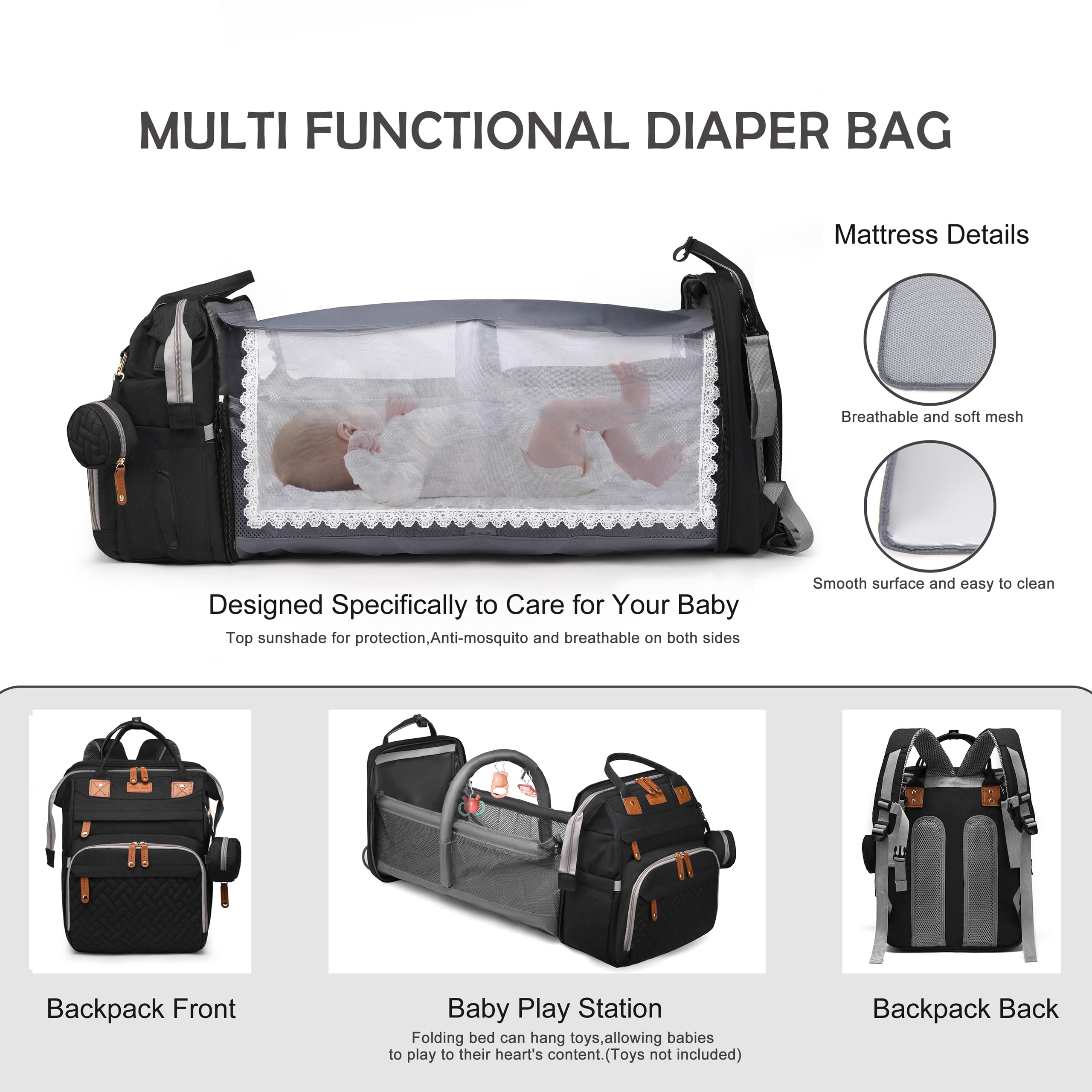 Waterproof Diaper Bag with Changing Station - Large Capacity Multifunctional Baby Travel Backpack for Moms & Dads - Unisex Black Baby Essentials Tote for Newborns | Perfect for Daycare, Travel & Family Outings