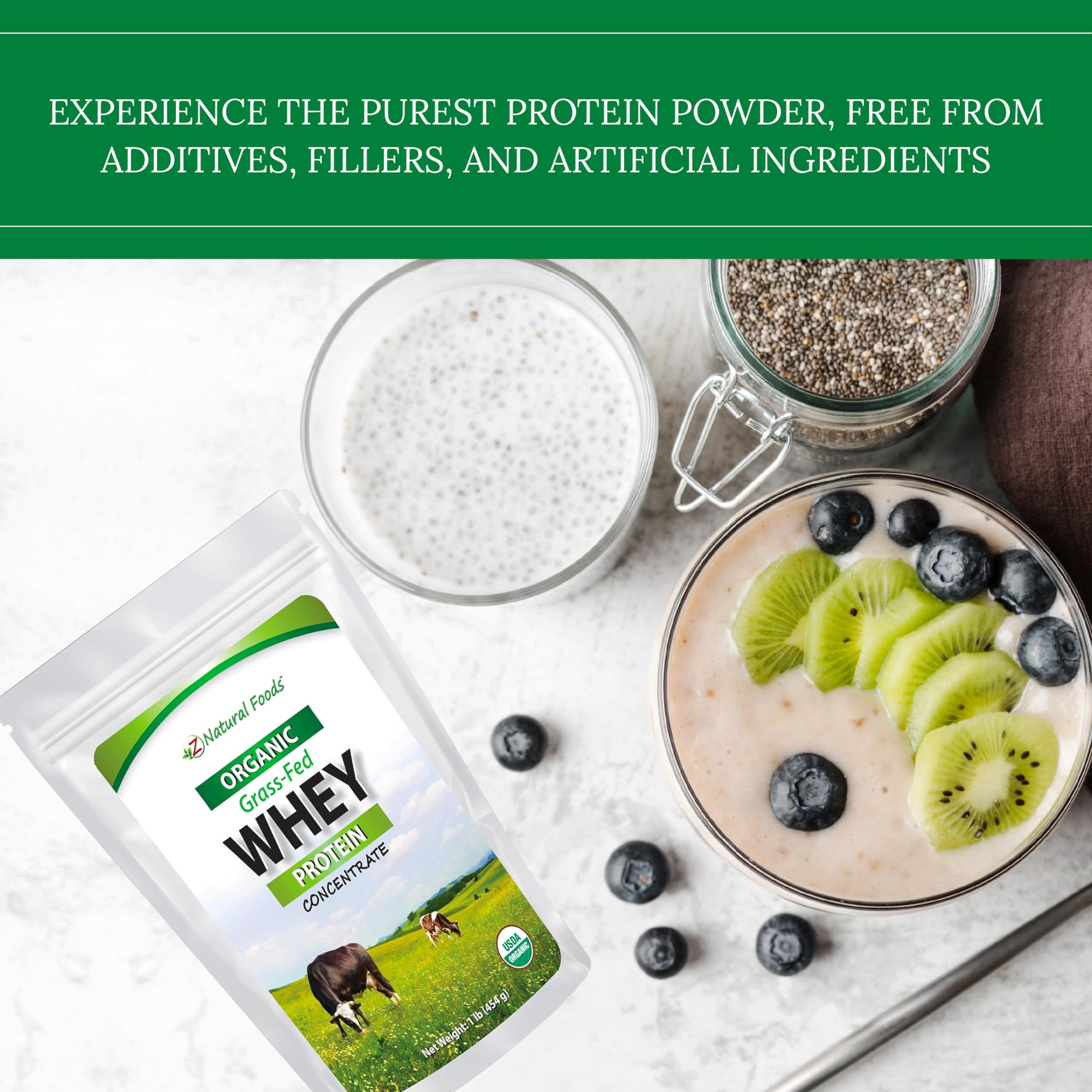 Organic Grass-Fed Whey Protein Powder by Z Natural Foods - Cold-Processed, Unflavored Whey Protein Concentrate with Essential Amino Acids for Muscle Recovery & Fitness - 1 lb | Ideal for Post-Workout Shakes, Smoothies & Healthy Baking