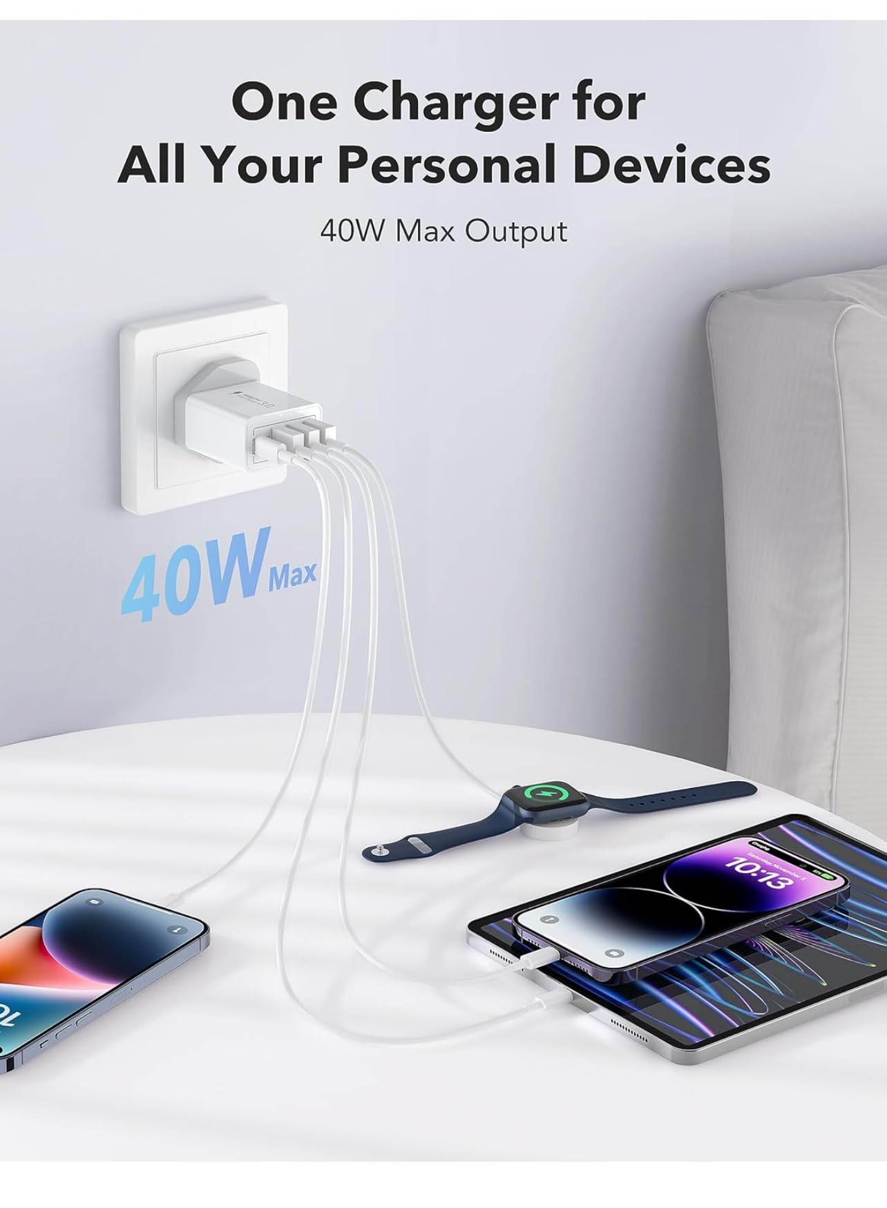 20W USB C Fast Charger with PD & QC 3.0 - 4 Port Multi USB Wall Charger Adapter for iPhone 15/14/13/12/11/Pro Max/XS/XR/X, Samsung Galaxy S22/S21/S20 FE - Perfect for Home, Office & Travel Charging Needs