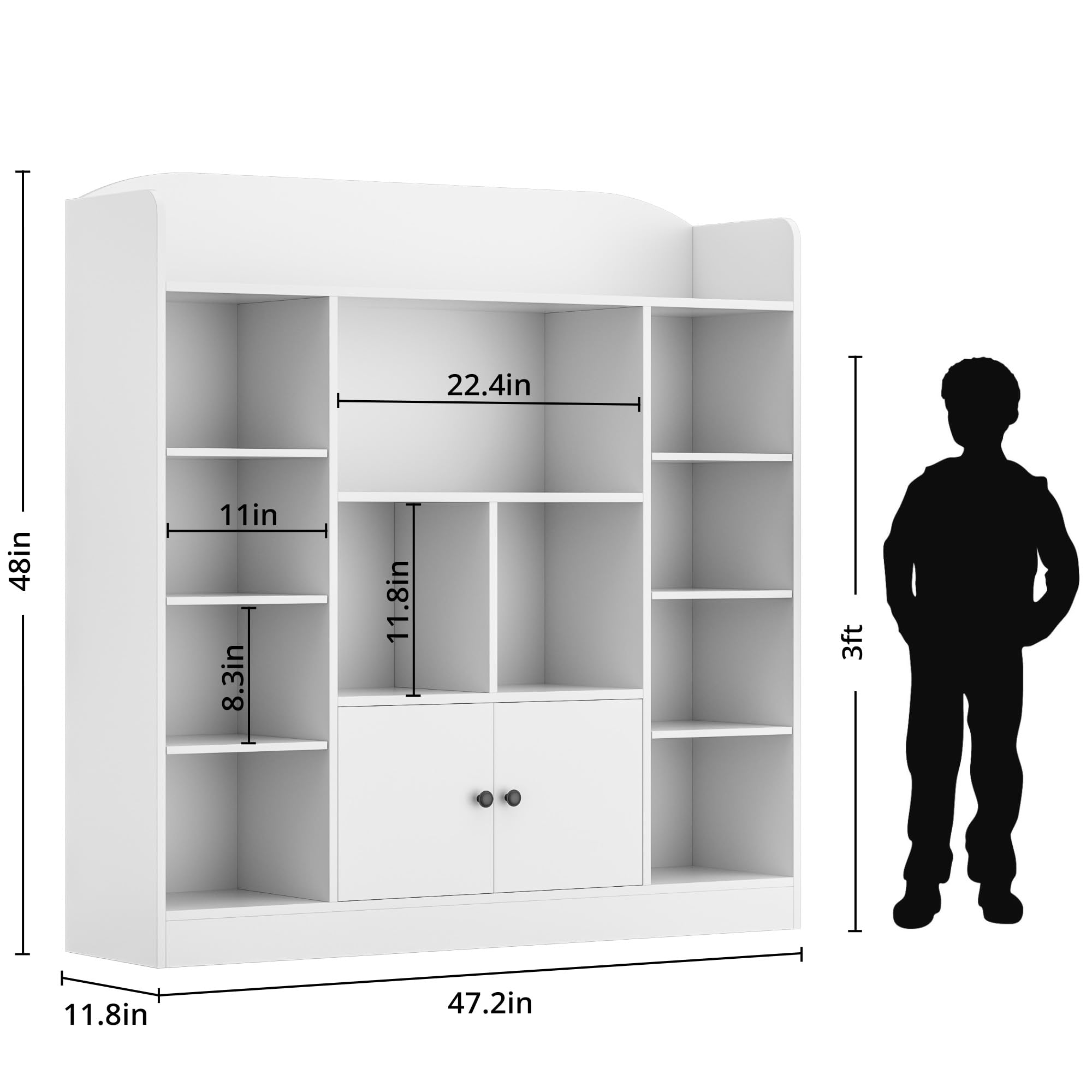 White Kids Bookshelf with 11 Cubbies & 2 Cabinets - Sturdy Freestanding Book Storage Organizer for Bedroom, Playroom, Nursery & Hallway - Perfect for Storytime, Toy Storage & Kids Room Decor