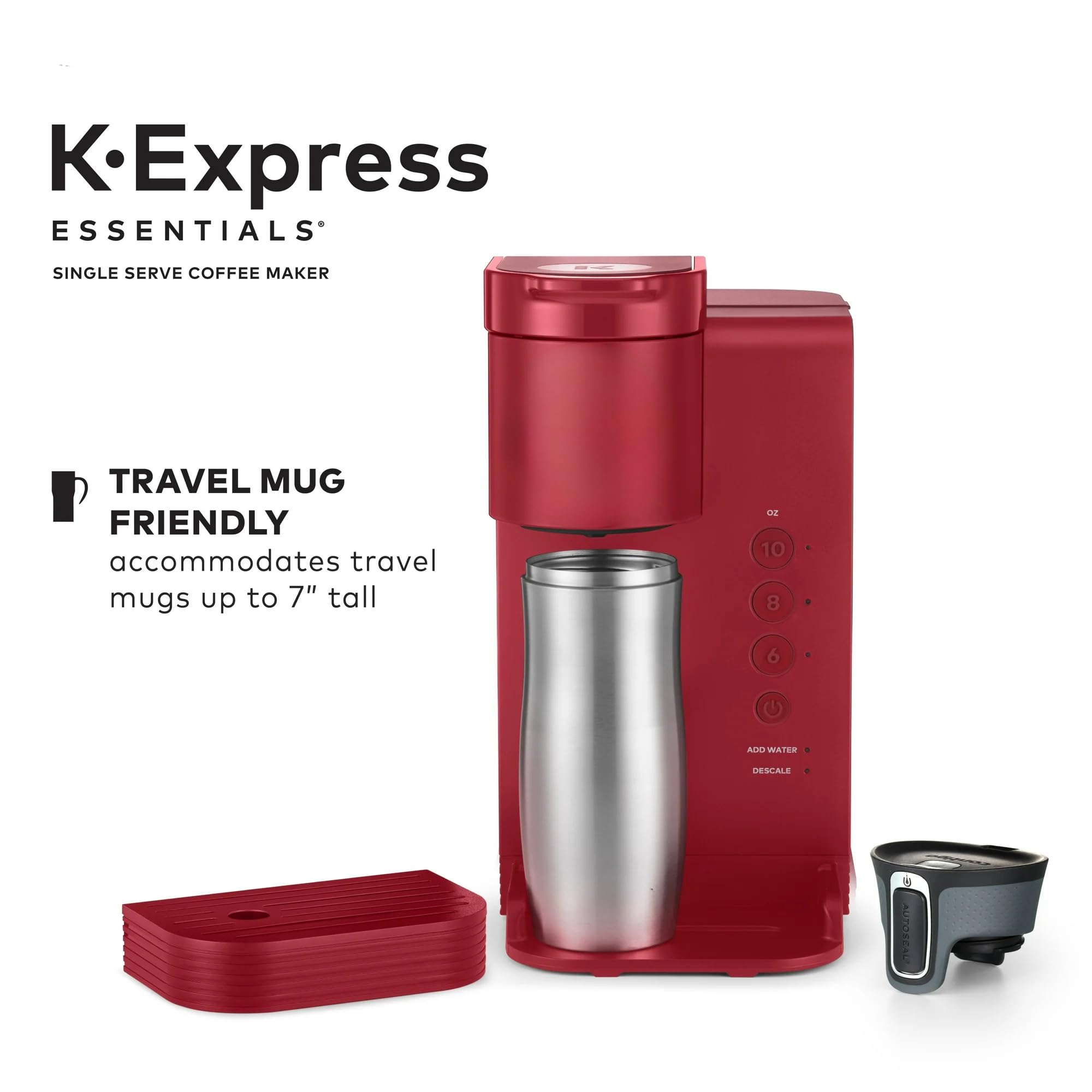 K-Express Essentials Single Serve Coffee Maker - Compact K-Cup Pod Machine with 36oz Water Reservoir, Fast Brewing & Travel Mug Compatible | Perfect for Small Kitchens, Offices, Dorms & Travel (Red)