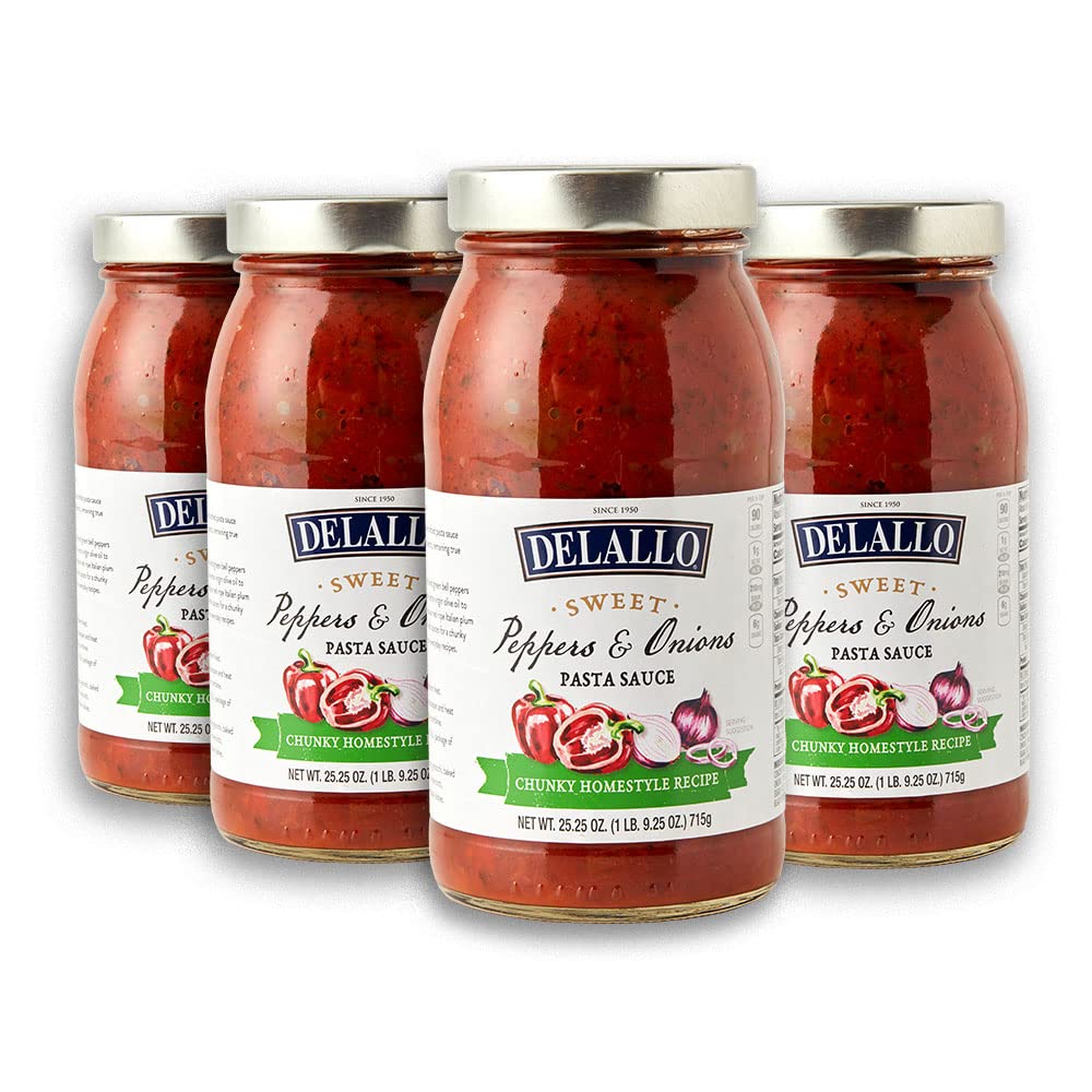 DeLallo Sweet Peppers & Onions Pasta Sauce - 25.25oz Glass Jar (4-Pack) | Authentic Italian Tomato Sauce for Pasta, Pizza & Cooking | Perfect for Family Dinners & Italian Cuisine