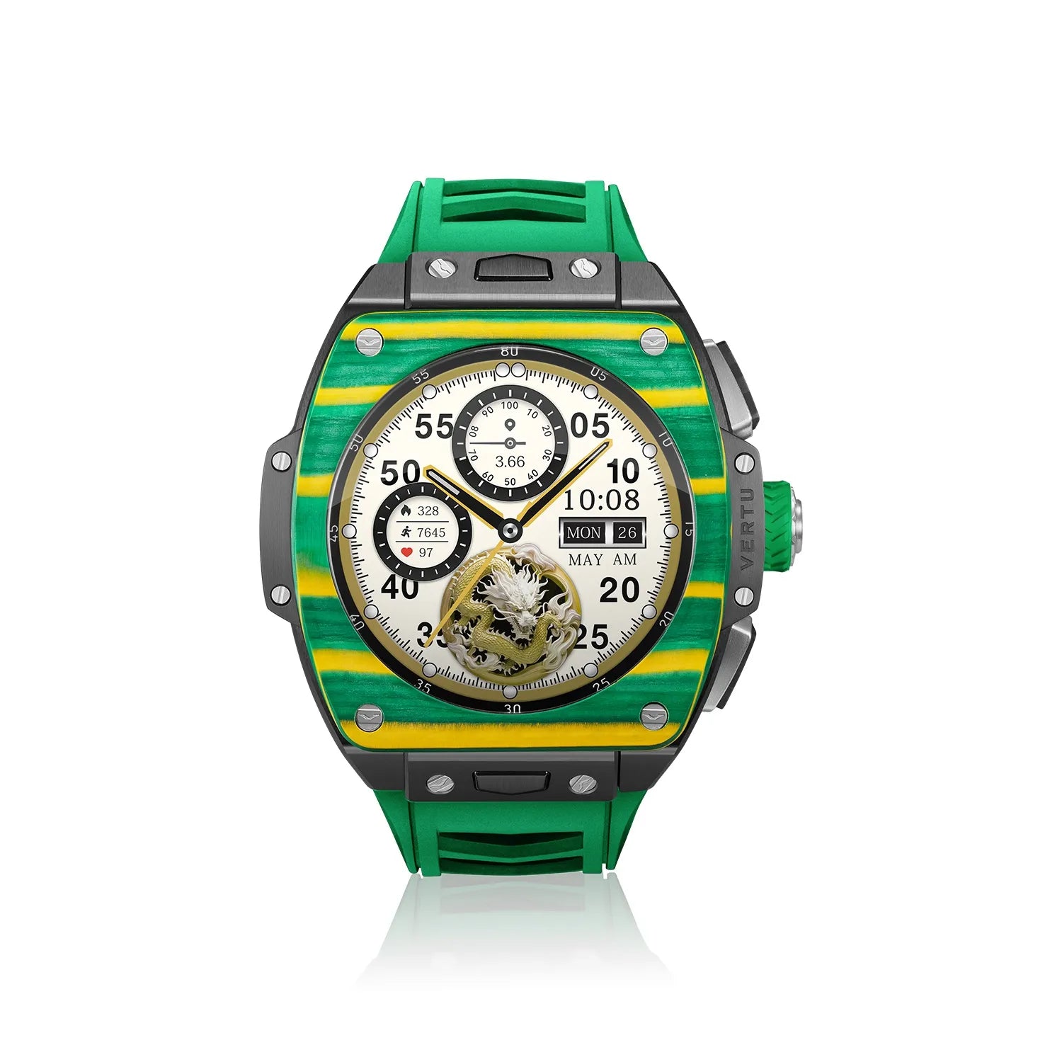 VERTU GRAND Diamonds Smart Watch for Men - Luxury Yellow & Green Carbon Fiber Design, Fitness Tracker, Heart Rate Monitor - Perfect for Business, Sports & Daily Wear