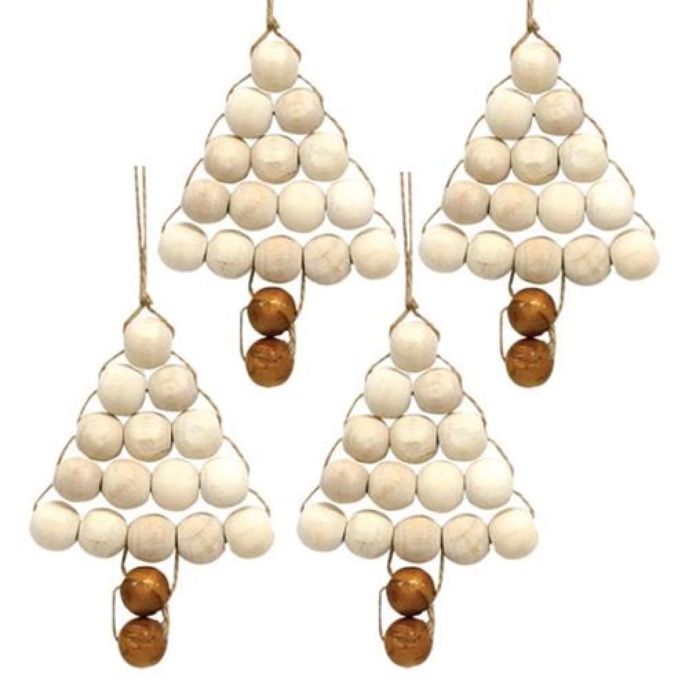 4-Pack Natural Wood Bead Christmas Tree Ornaments - Handmade Rustic Holiday Decor for Xmas Tree, Home, Party & Gift Giving