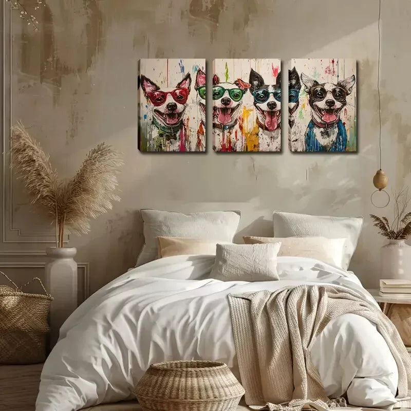 3-Piece Four Dogs Wearing Glasses Wall Art Set - 40x60cm Framed Canvas Prints | High Quality Australian Made | Ready to Hang | Perfect for Living Room, Bedroom & Office Decor