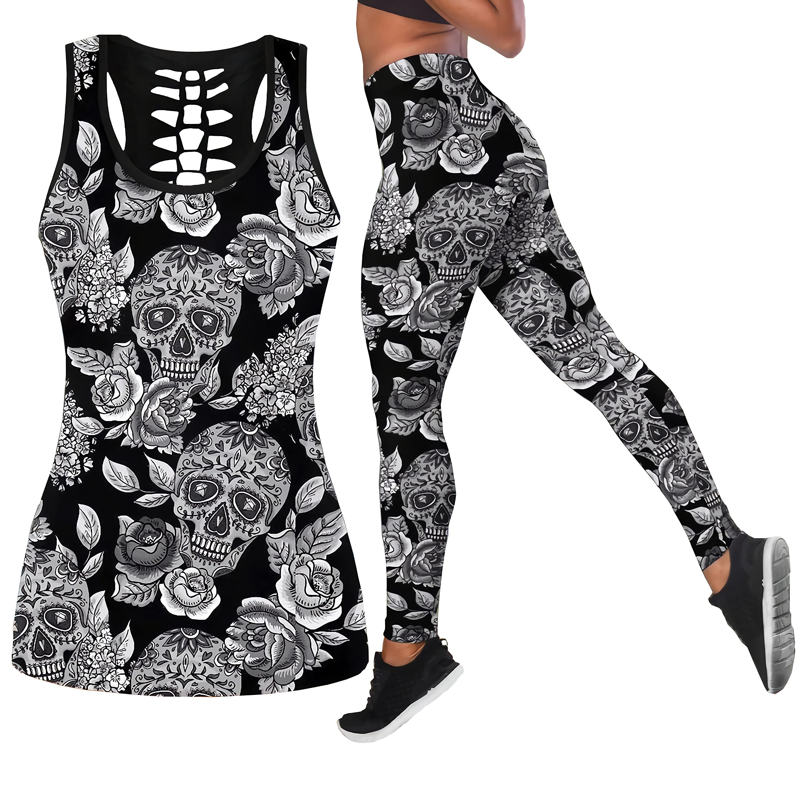 Women's Sugar Skull Yoga Outfit 2-Piece Set - Sport Tank Top & Leggings for Workout, Gym, and Activewear | Perfect for Yoga, Fitness, and Casual Wear