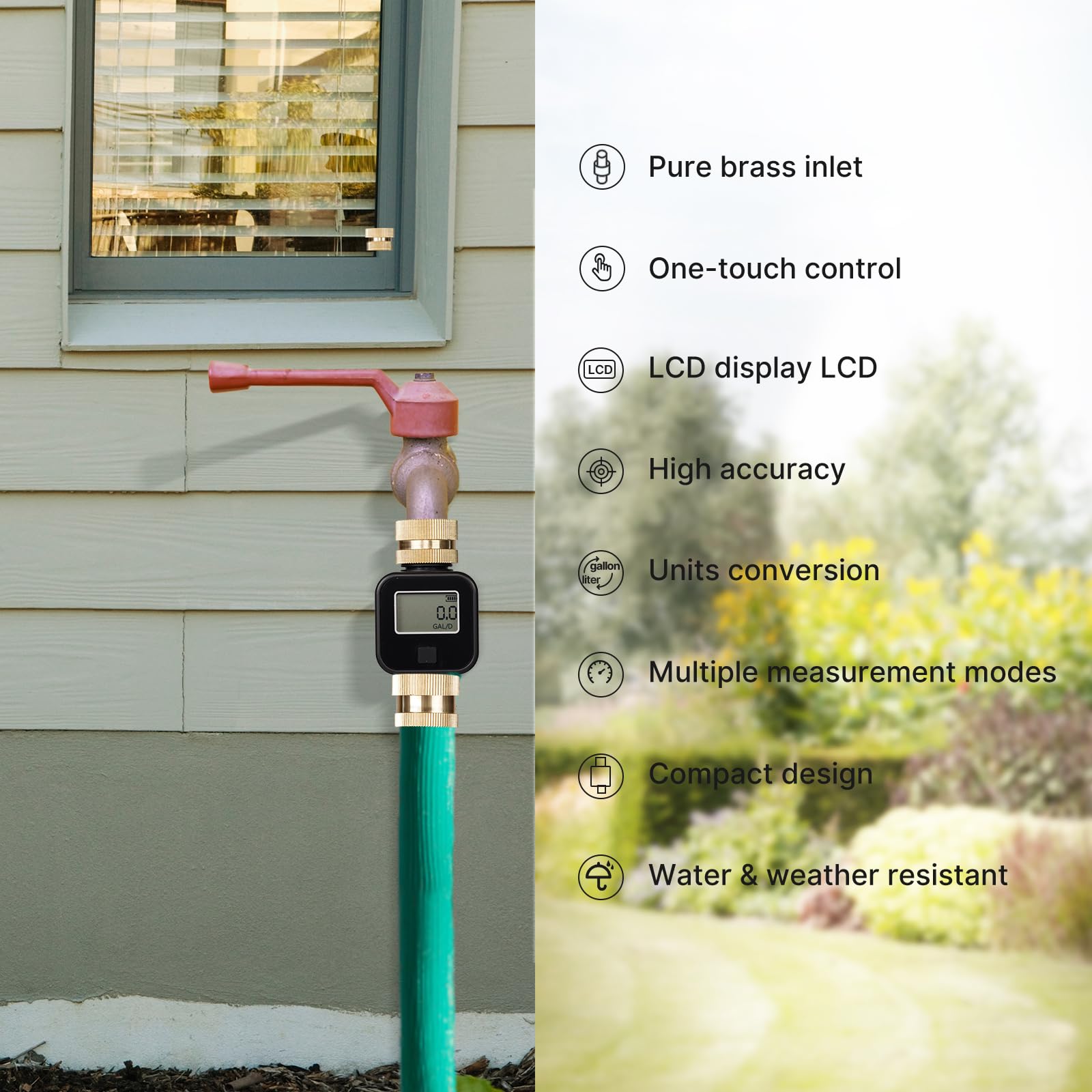 MOES Digital Water Flow Meter with Brass Inlet & Metal Thread - Accurate Gallon/Liter Measurement for RV Water Tanks, Garden Hose, Lawn Sprinkler & Nozzle Sprayer | Perfect for Outdoor Watering, Irrigation Monitoring & Fluid Consumption Tracking