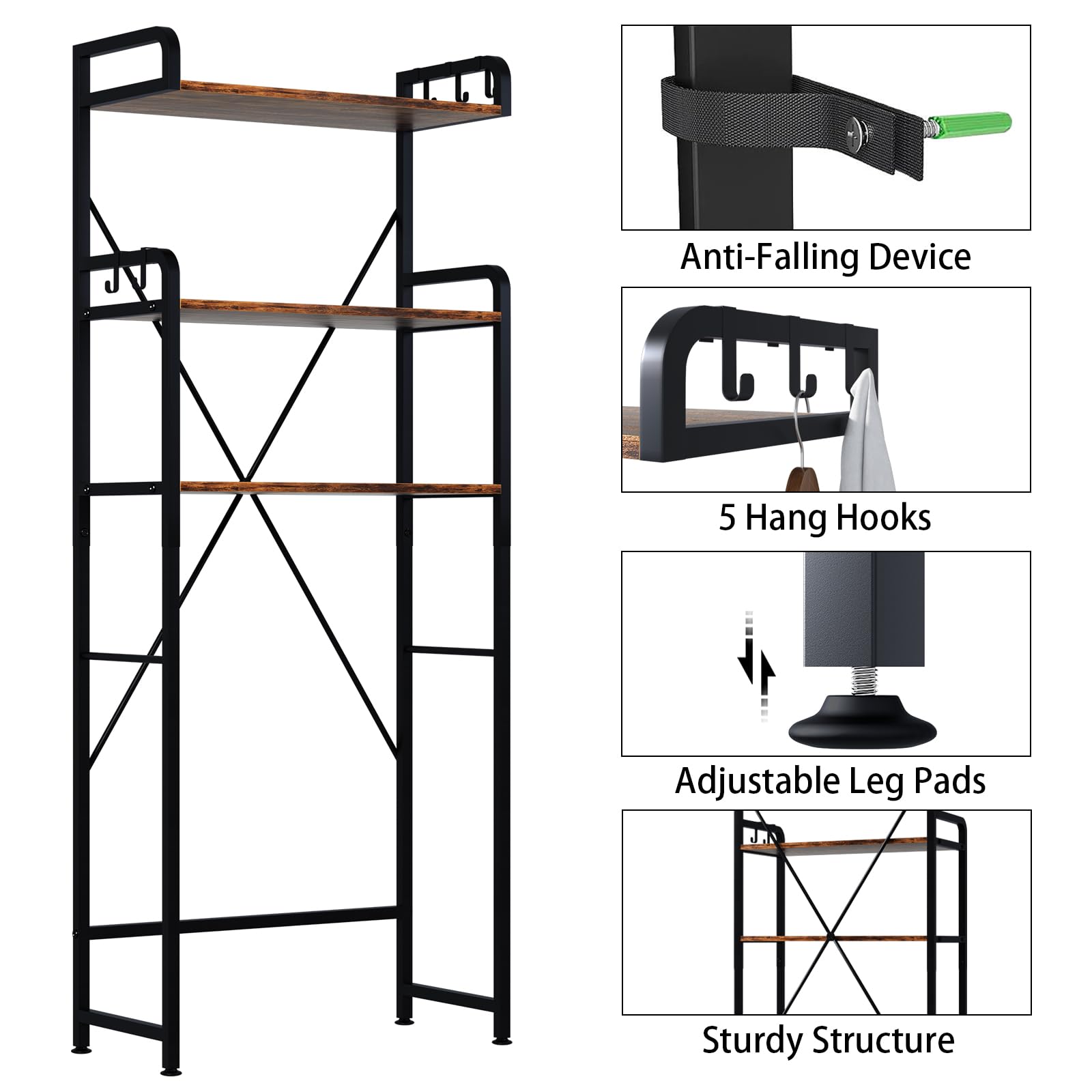 3-Tier Over The Toilet Storage Rack with Shelves & Hooks - Space Saving Bathroom Organizer for Towels, Toiletries & Decor (Rustic Brown) - Perfect for Small Bathrooms, Apartments & Powder Rooms