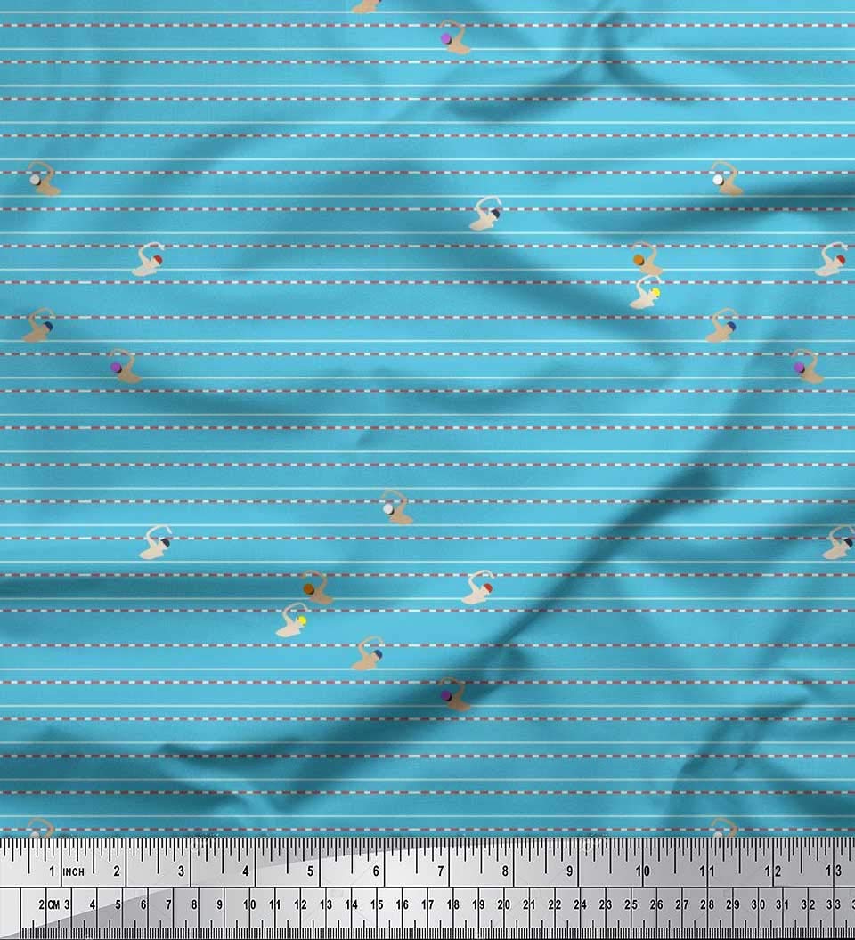 Soimoi Rayon Blue Fabric by The Yard - 56 Inch Wide Printed Fabric with Swimming Pool Race Sports Design - Perfect for Swimwear, Activewear, and Poolside Decor