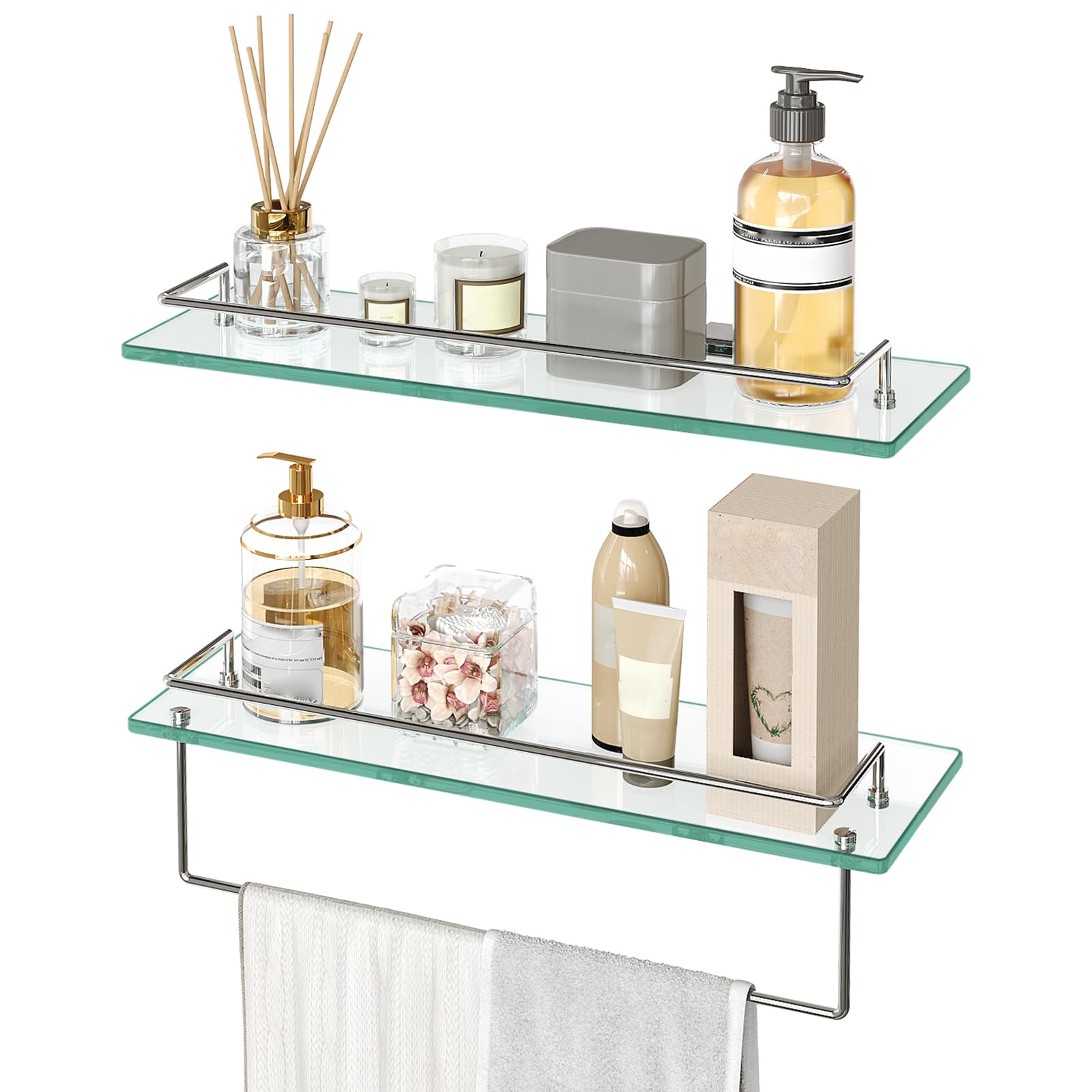 HOOBRO 15.7 Inch Floating Glass Shelves for Bathroom Wall - Set of 2 Tempered Stainless Steel Mounted Shelves for Toilet, Shower, Vanity Organization - Modern Silver Bathroom Decor SV02BJ01 - Perfect for Storing Toiletries, Cosmetics & Bath Essentials