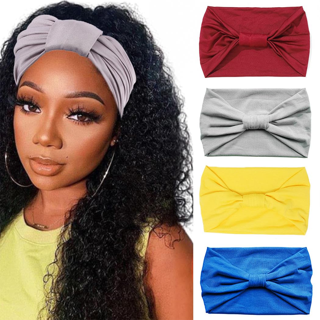 CAKURE Extra Wide Stretch Knotted Headbands for Women - 4 Pack, African Turban Style, Yoga Running Workout Hair Accessories | Perfect for Gym, Sports, and Everyday Fashion