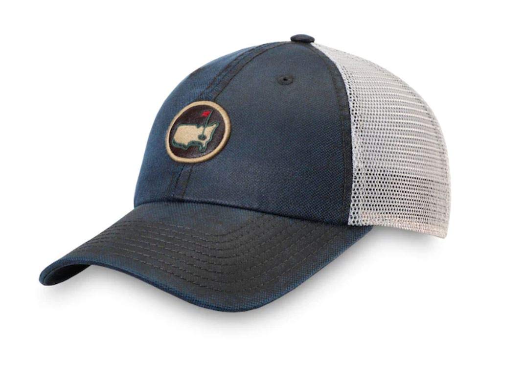 **2021 Masters Tournament Official Logo Navy Blue Leather & Mesh Back Men's Golf Hat - Augusta National Golf Club Merchandise - Perfect for Golf Enthusiasts & Collectors**