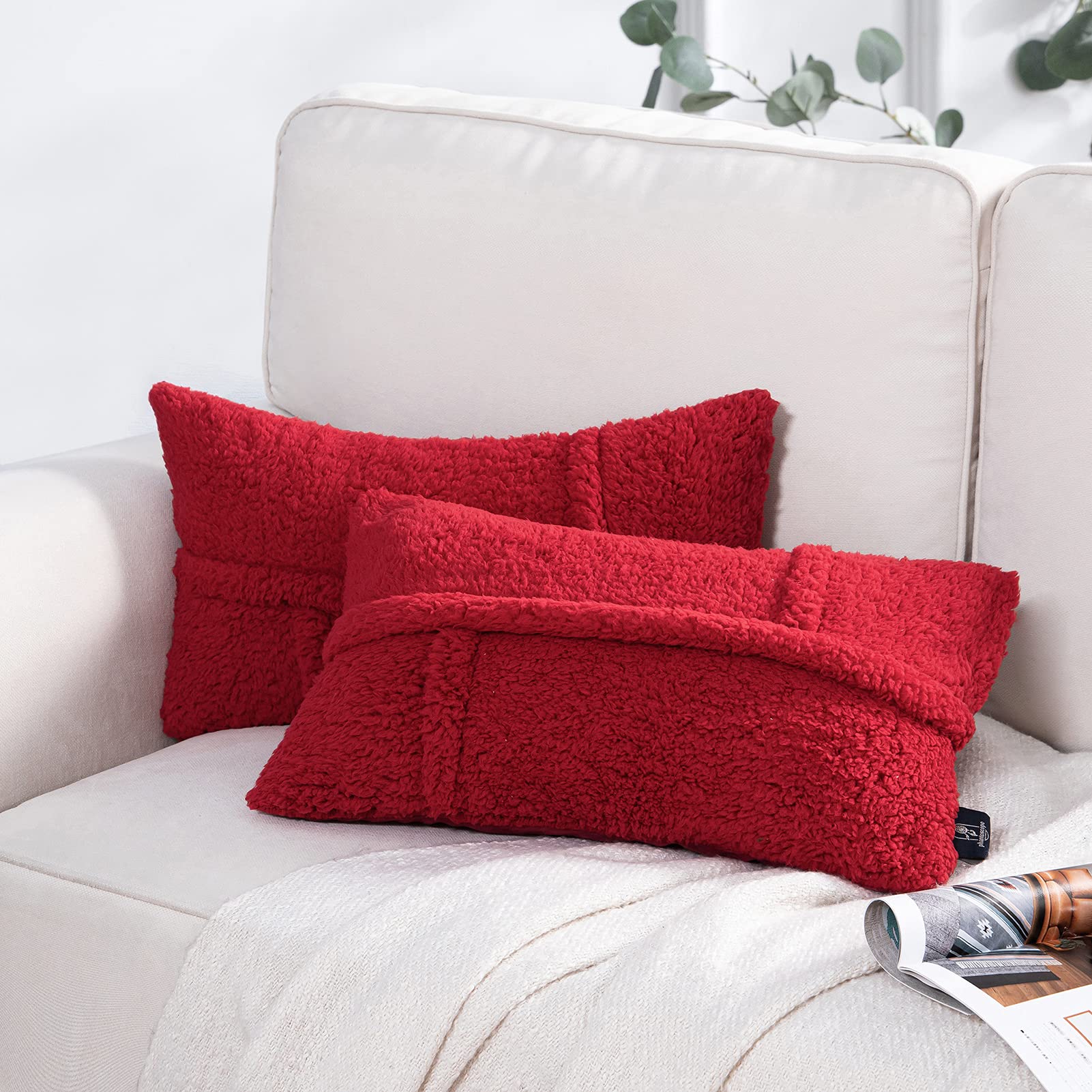 Phantoscope 2-Pack Christmas Sherpa Throw Pillow Covers - Soft Faux Fur Fluffy Decorative Cushion Cases (12x20 Inches, Red) for Bedroom, Sofa & Holiday Decor