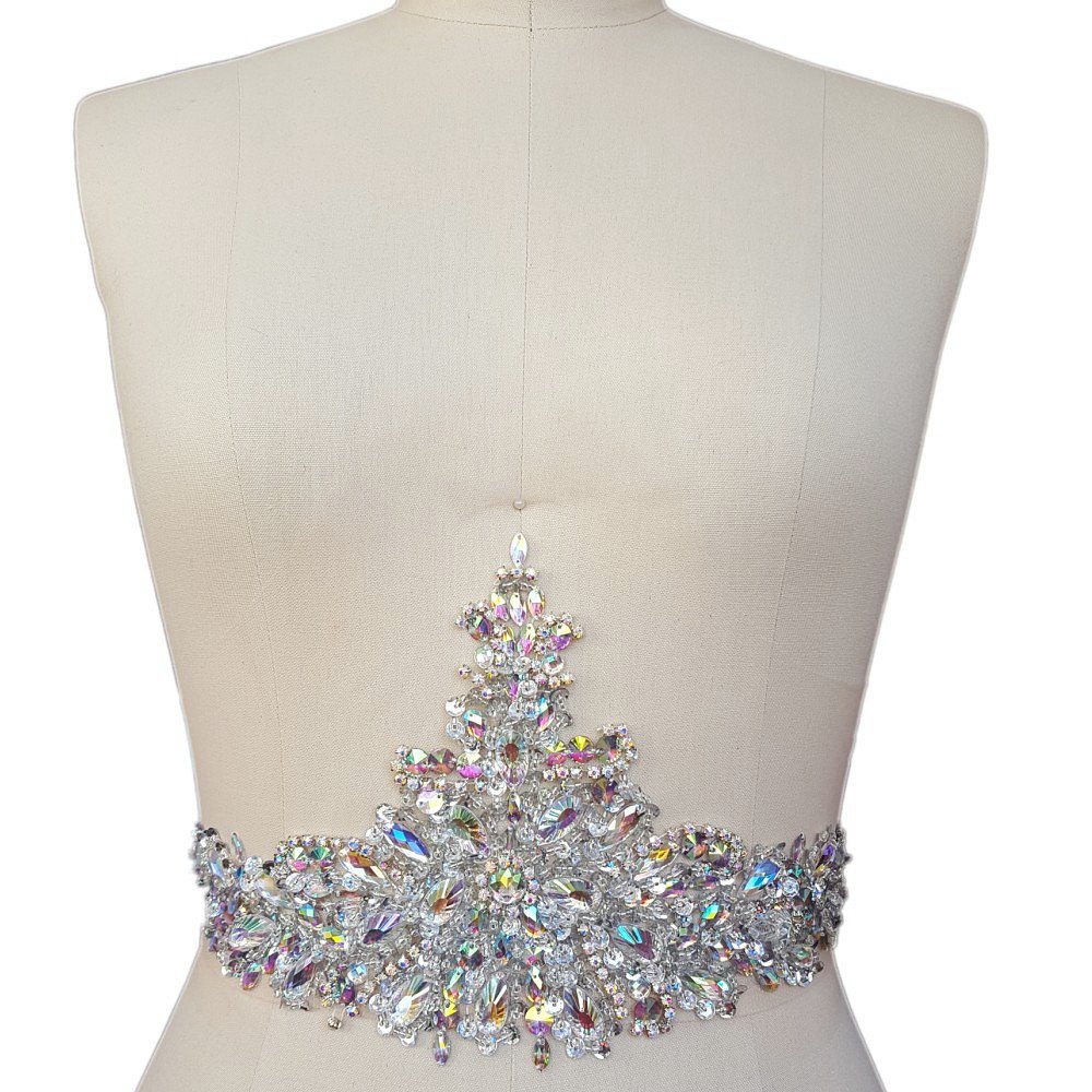 Exquisite Pure Handmade AB Color Crystal Sew-on Rhinestone Applique with Stones & Sequins - 18x38cm Wedding Dress DIY Accessories for Belts, Waistbands & Costume Decoration - Perfect for Bridal Gowns, Evening Dresses & Dance Costumes