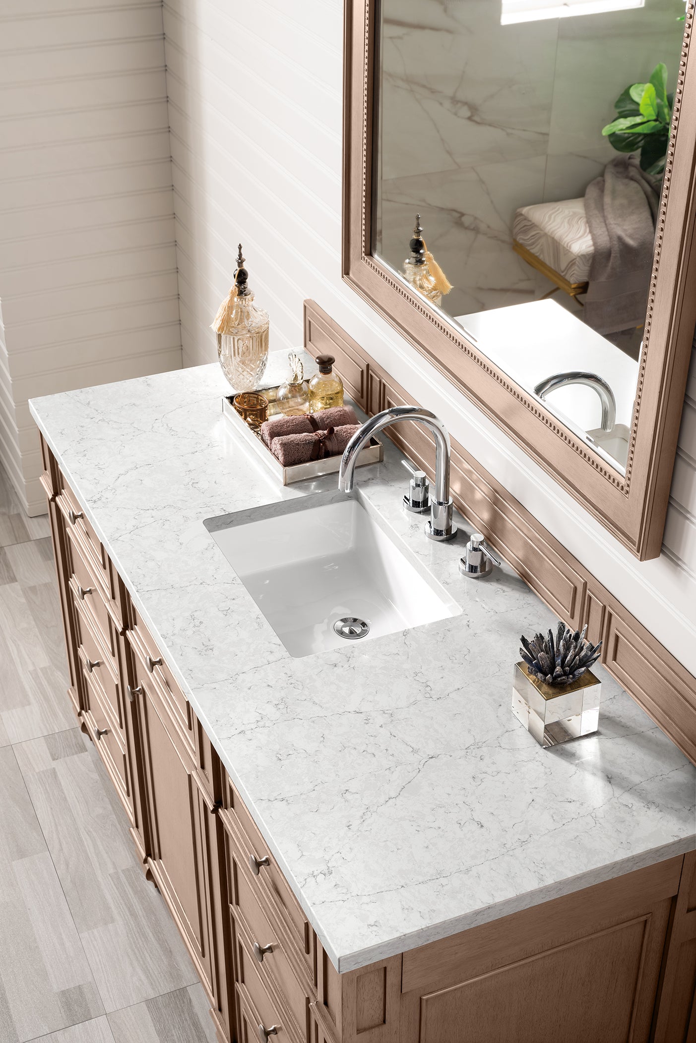 Bristol 60 Inch Single Bathroom Vanity Set - Whitewashed Walnut with 3CM Eternal Jasmine Pearl Quartz Countertop | Modern Farmhouse Style for Master Bath, Guest Bath & Powder Room