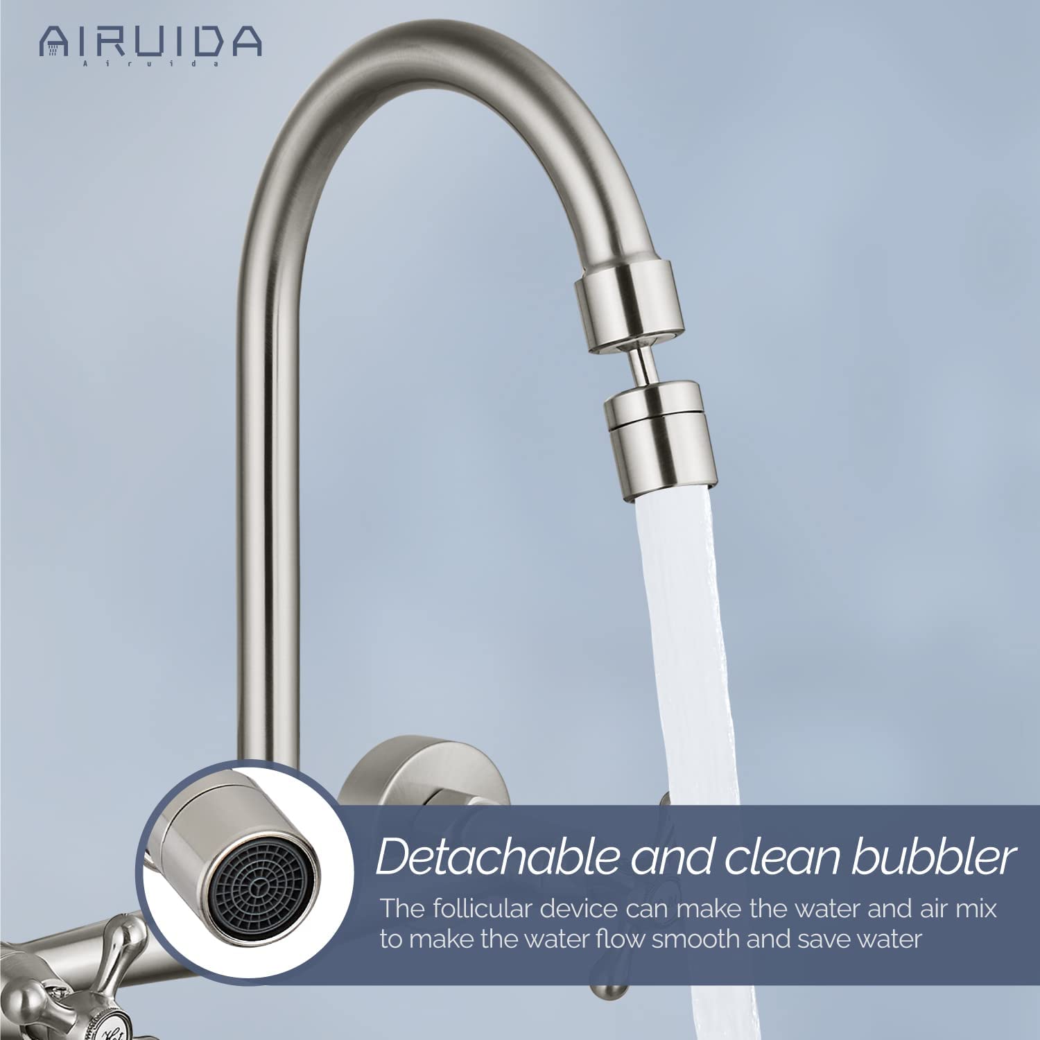 Airuida Brushed Nickel 8-Inch Wall Mount Kitchen Faucet with Sprayer, Stainless Steel Commercial Faucet Connector Set for Restaurant and Home Use