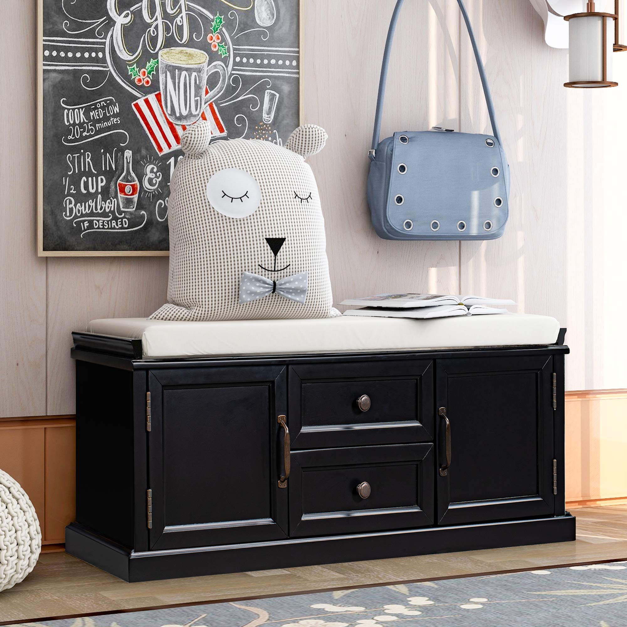 Rustic Wood Storage Bench with 2 Cabinets & Drawers - Entryway Shoe Bench for Bedroom, Hallway