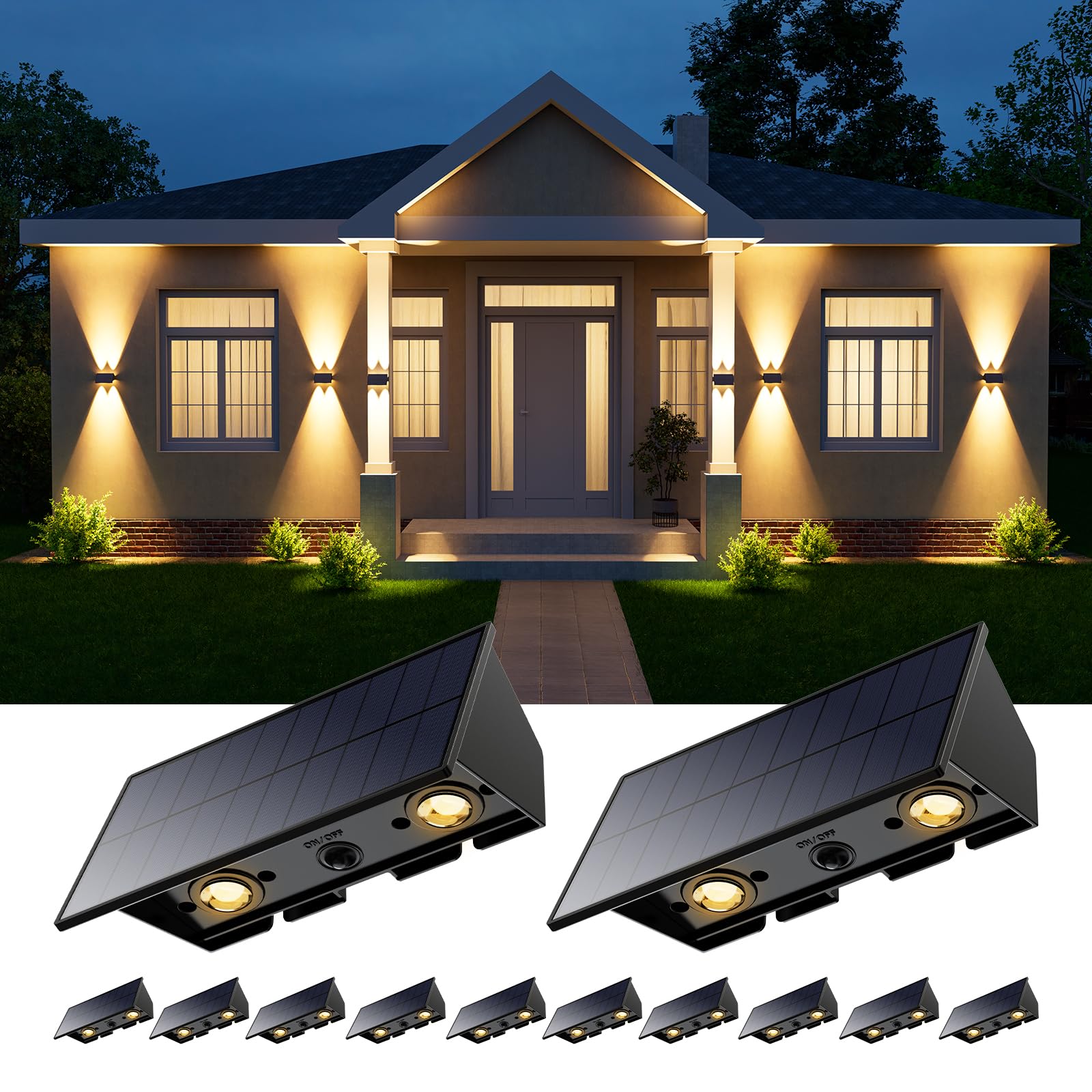 12 Pack Solar Up and Down Wall Lights Outdoor - Waterproof LED Fence Lighting for Deck, Patio, Porch, Garden & House - Easy Install Solar Powered Exterior Wall Mount Lights (Warm White) - Perfect for Pathway, Driveway & Landscape Lighting