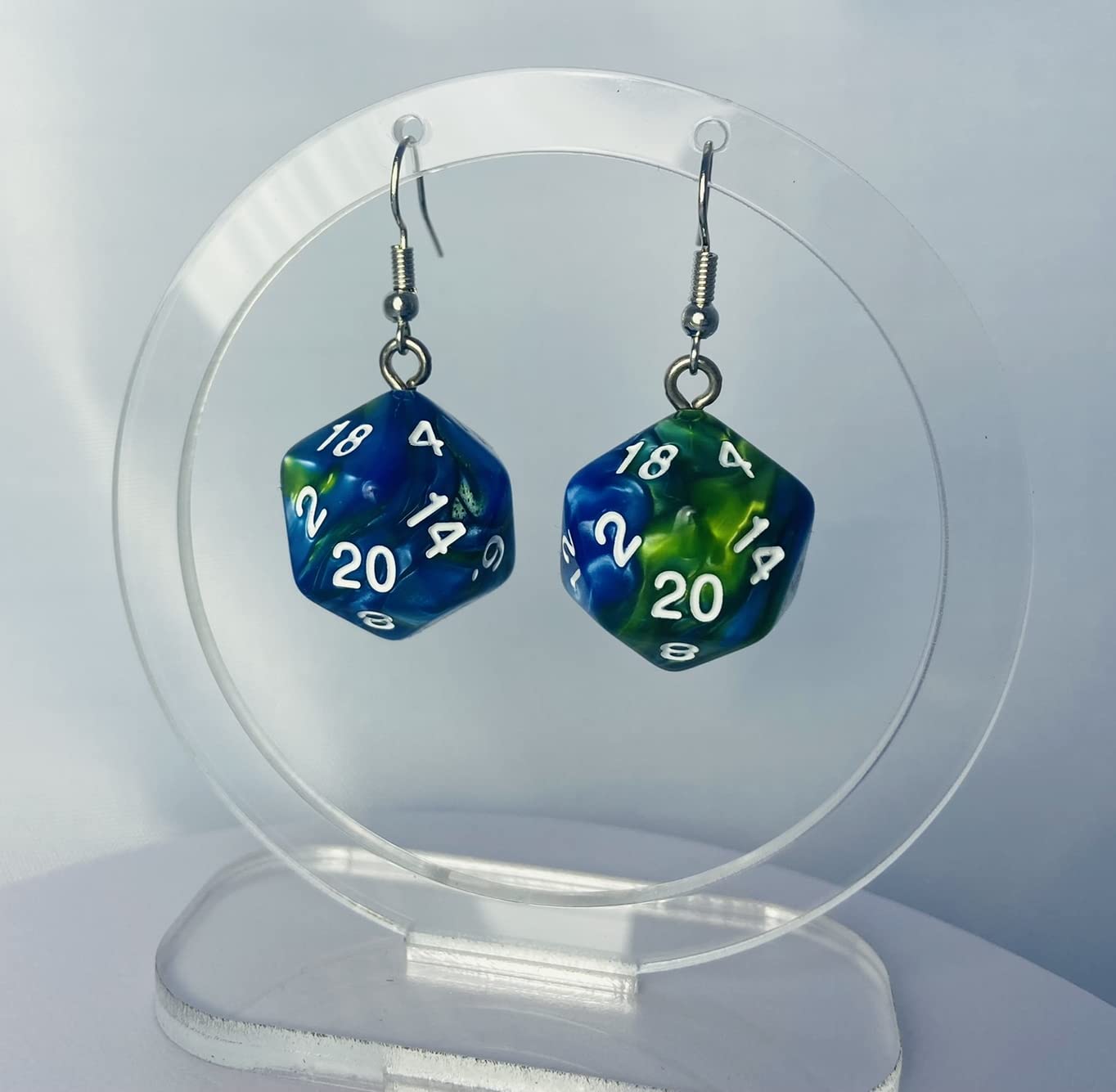 D20 & D10 Polyhedral Dice Earrings - Multicolored Pearlescent Swirl RPG Jewelry for Gamers & Tabletop Enthusiasts