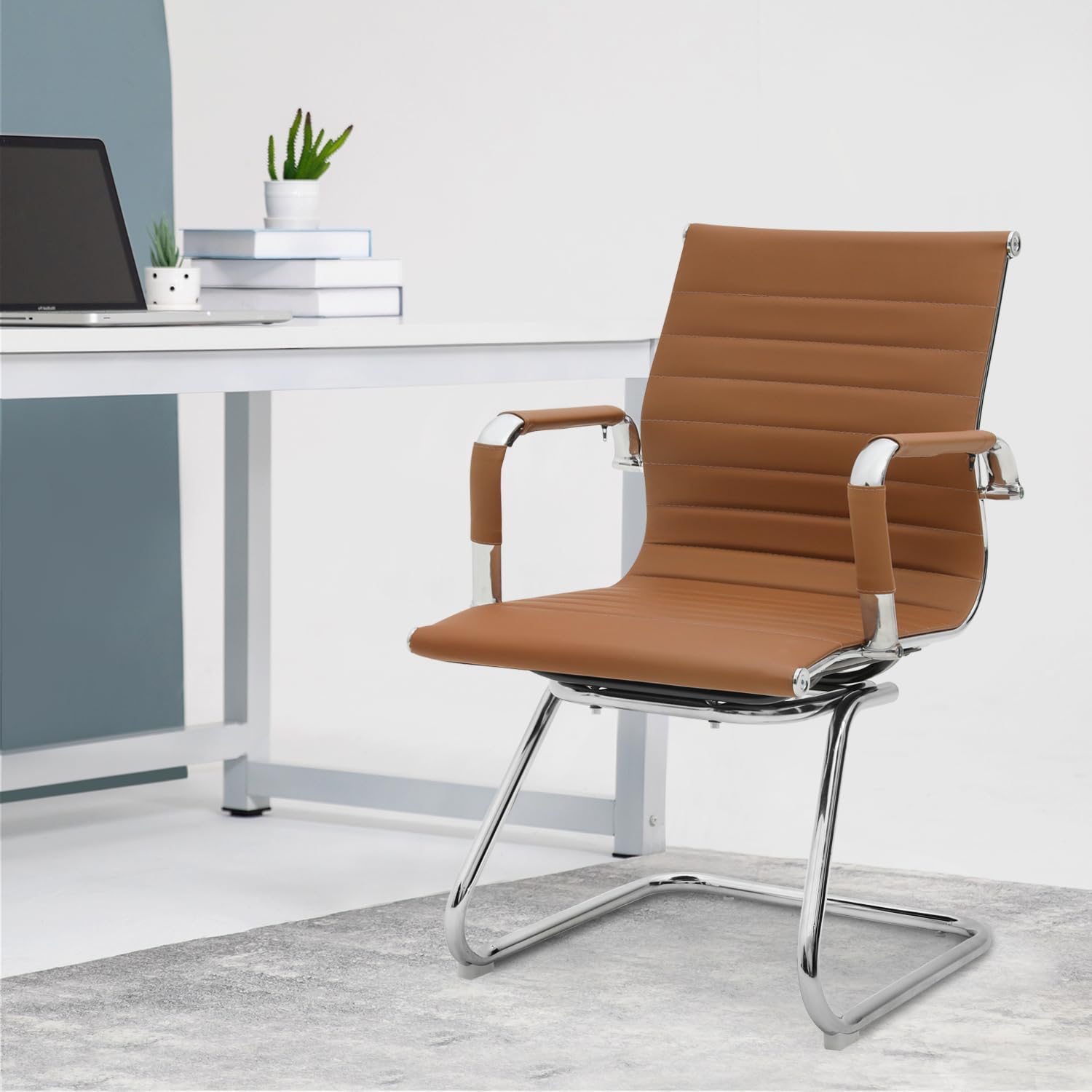 Magshion Office Reception Guest Chair - No Wheels, Mid Back PU Leather Waiting Room Chair with Metal Leg Sled Base & Arms - Conference Room, Lobby, Clinic, Hotel (Brown, 2 Pack)