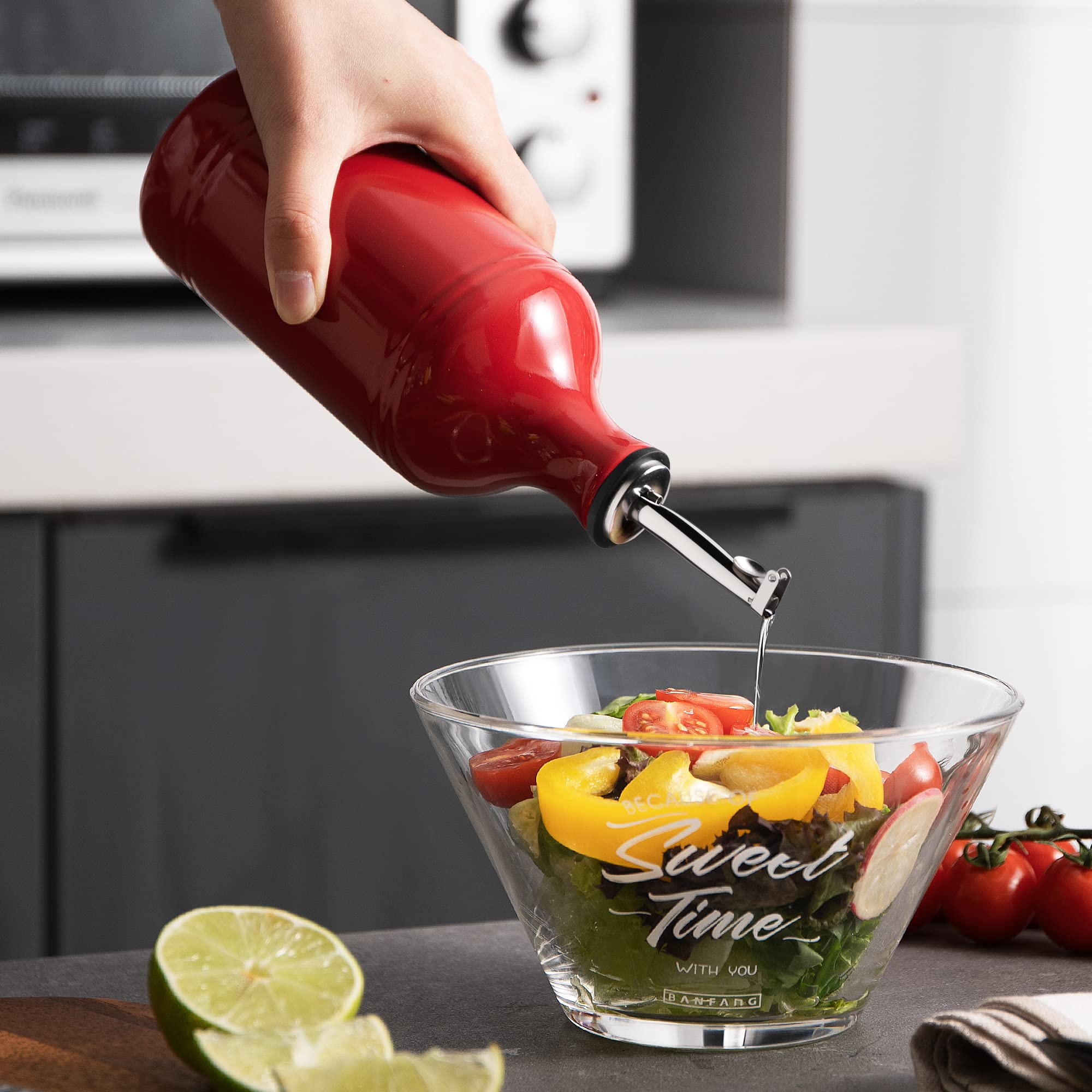 Premium Ceramic Olive Oil Dispenser Bottle - 15.5oz Opaque Oil Cruet to Reduce Oxidation - Ideal for Storing Olive Oil, Vinegar, Coffee Syrups & Liquids - Perfect for Kitchen Countertop, Dining Table & Gourmet Cooking (Red)