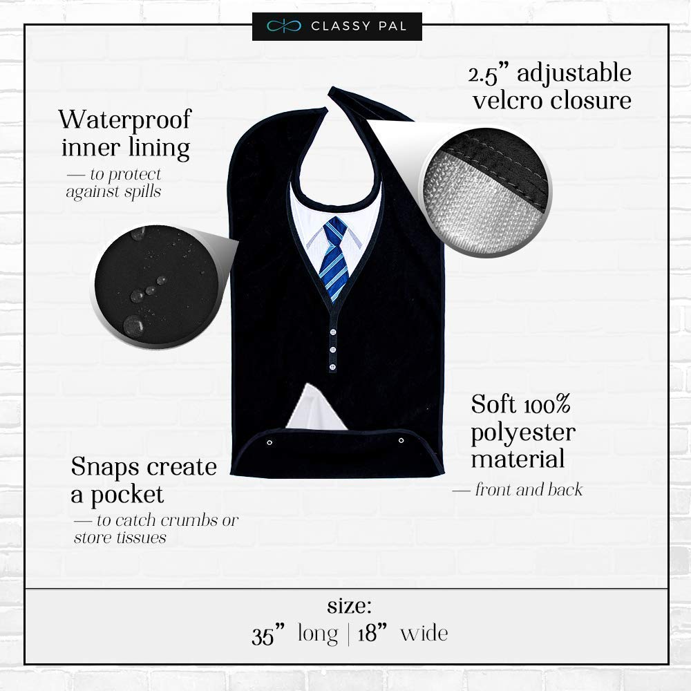 **Men's Waterproof Reusable Adult Bibs - Terry Cloth Crumb Catcher with Embroidered Design (Argyle Sweater + Blue Tie) - Ideal for Seniors & Eating Protection - Perfect for Dining, Travel & Mealtime Comfort**