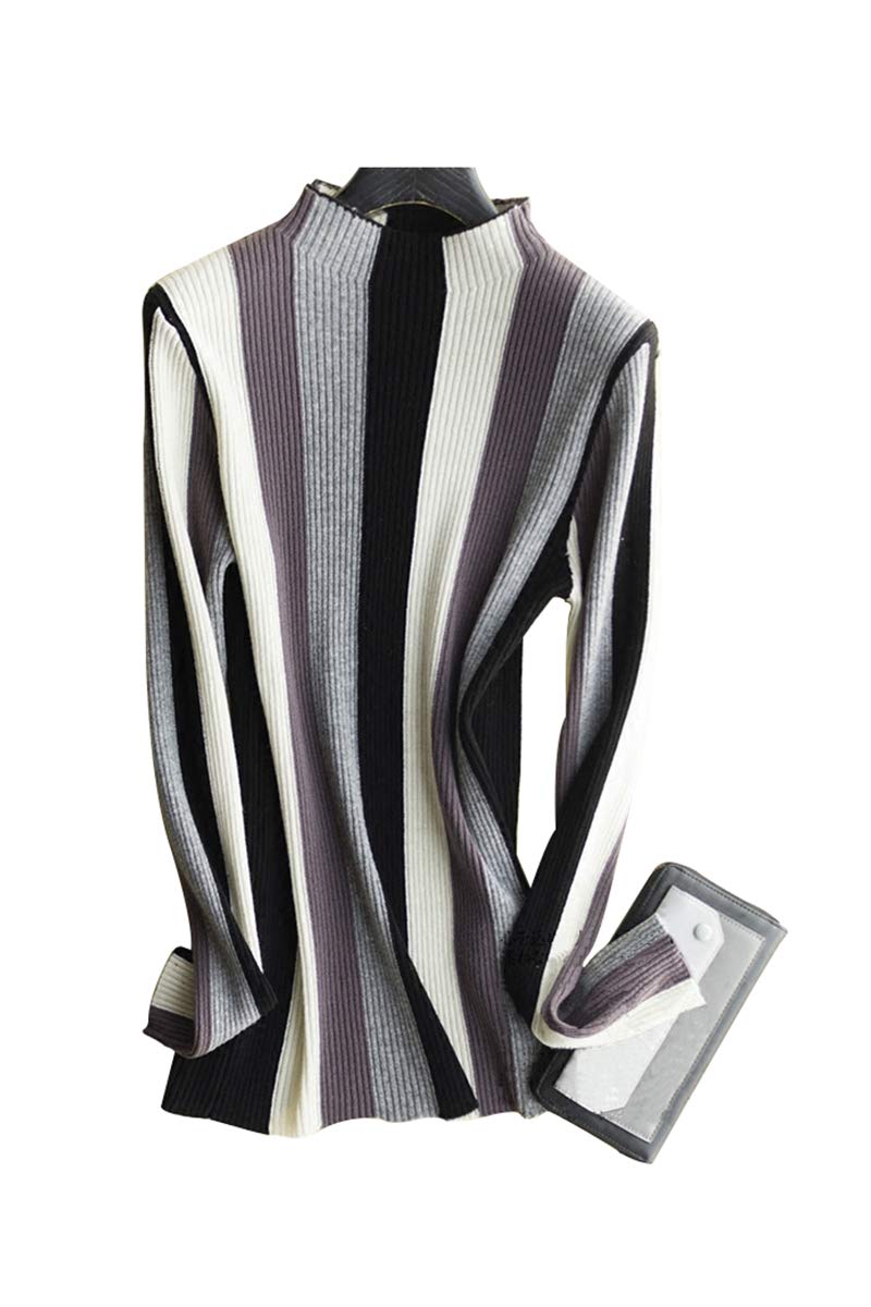 ZHILI Women's Striped Long Sleeve Wool Sweater - Semi-High Neck Pullover Top | Warm Winter Fashion for Office, Casual Outings & Holiday Gatherings