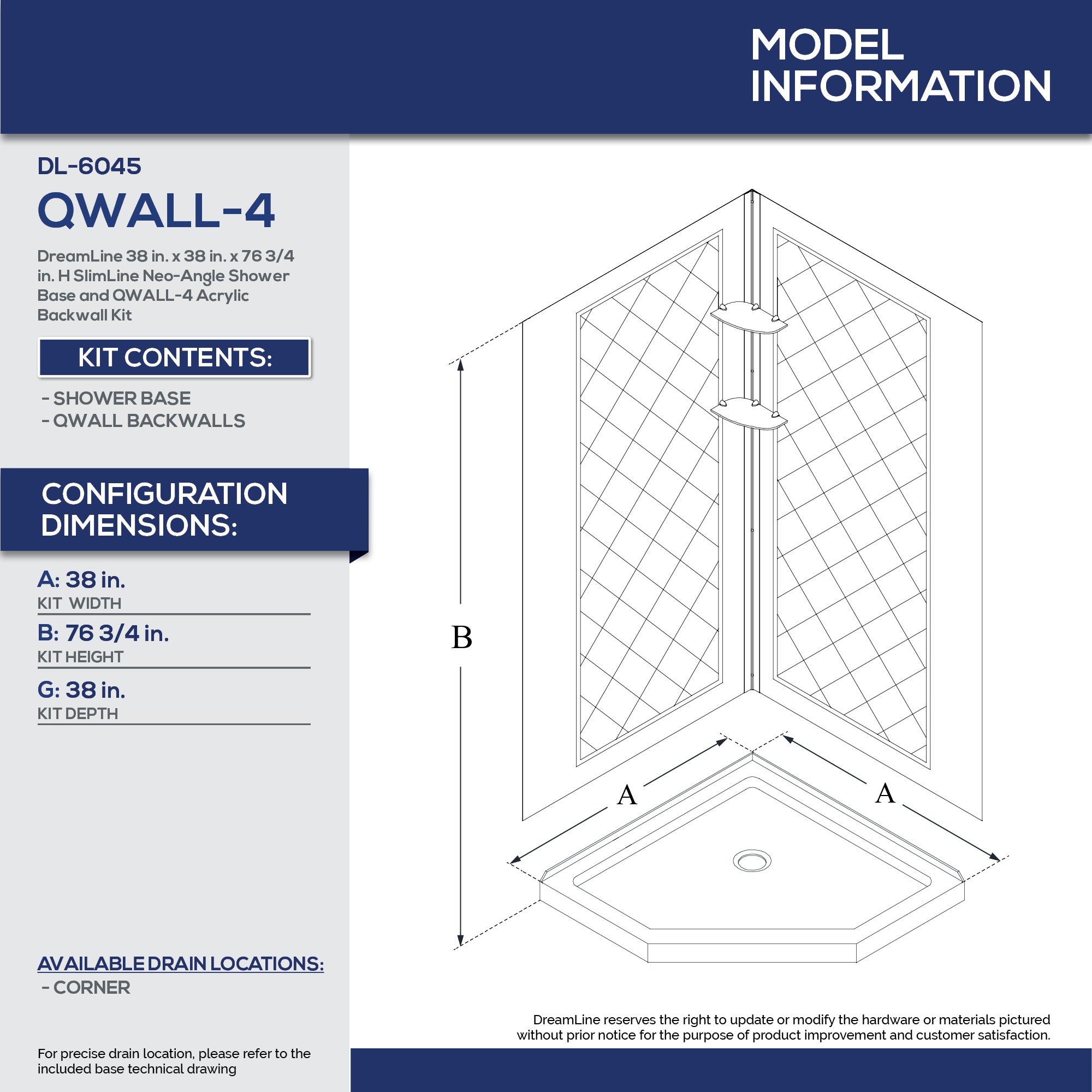 DreamLine 38x38x76.75 Inch Neo Angle Shower Base with QWALL 4 Acrylic Backwall Kit - Space Saving Corner Shower Enclosure for Small Bathrooms | Perfect for Apartments, Condos & Tiny Homes