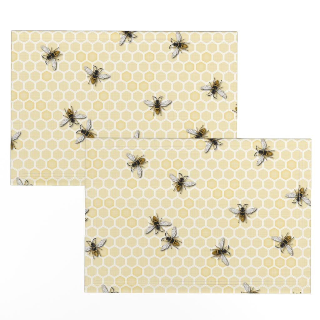 Premium Linen Cotton Canvas Placemats Set of 2 - Honey Bee Honeycomb Design Farmhouse Kitchen Dining Table Decor for Home, Restaurant & Outdoor Picnic Use