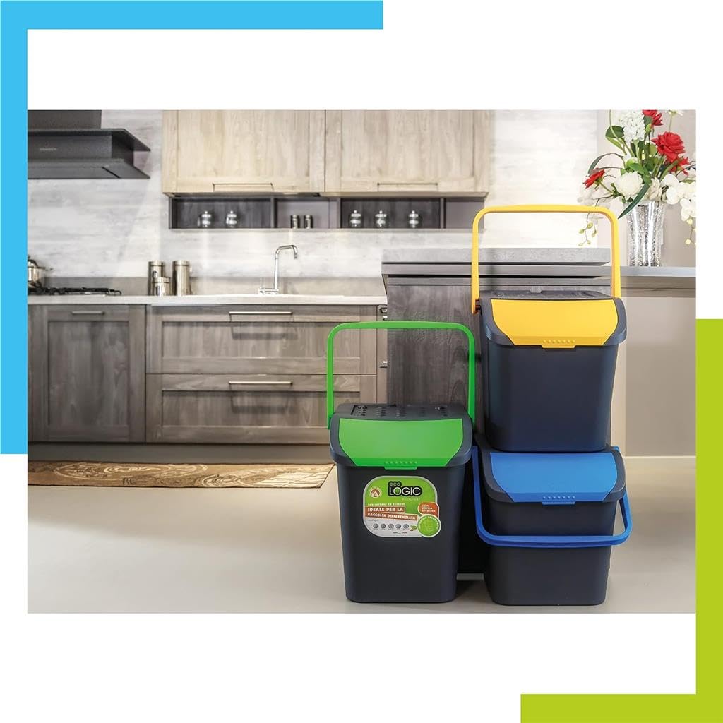 Maury's Set of 3 Eco-Friendly 35L Recycling Bins with Handles - Indoor/Outdoor Waste Baskets for Home, Office & Garden Organization - Made in Italy | Perfect for Kitchen, Bathroom & Garage Recycling