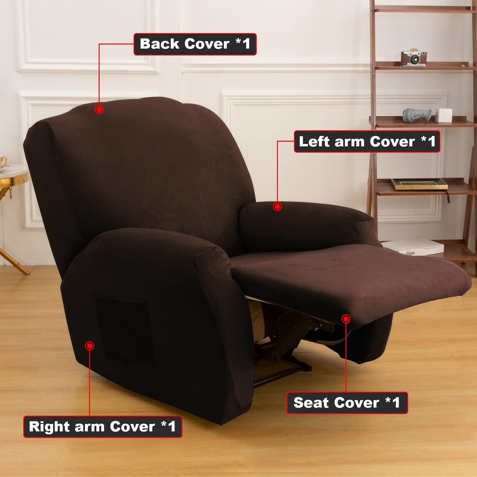 OKYUK 4-Piece Recliner Slipcover Set - Oversized Stretch Sofa Cover for Single Seat Recliners, Soft Velvet Fabric Furniture Protector, Machine Washable (Coffee Brown) - Perfect for Living Room, Home Theater & Office Chairs