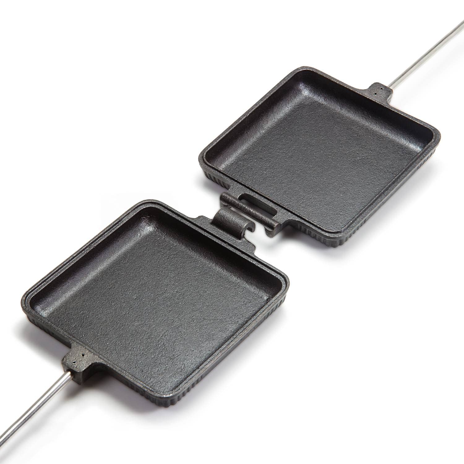 Petromax Hinged Cast Iron Sandwich Pie Iron for Campfire Cooking - Wooden Handles, Perfect for Outdoor Picnics, Camping & Backyard BBQs
