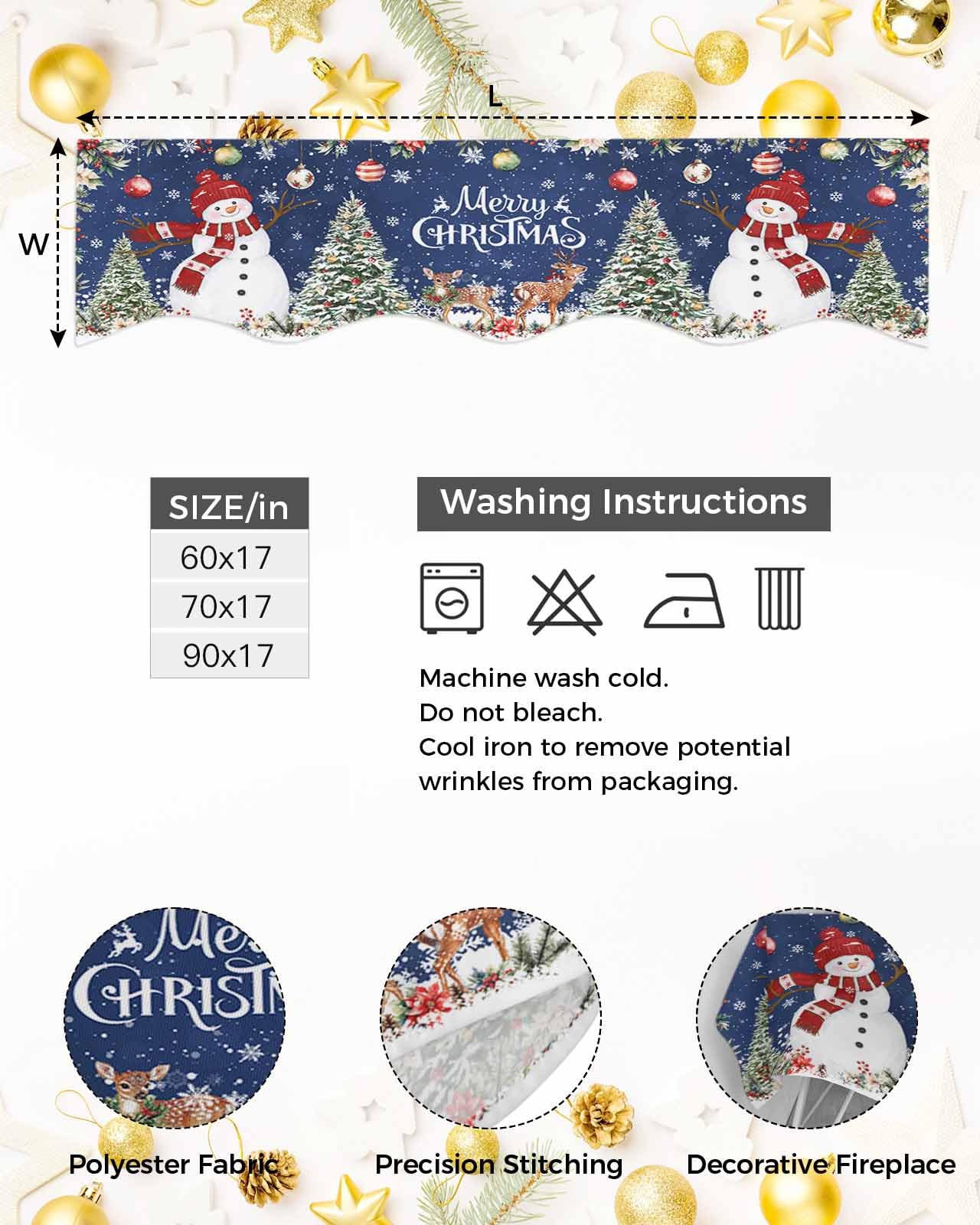 Christmas Mantel Scarf for Fireplace Decor - Snowman Navy Blue Snowflake Deer Poinsettia Fireplace Mantel Cover (60