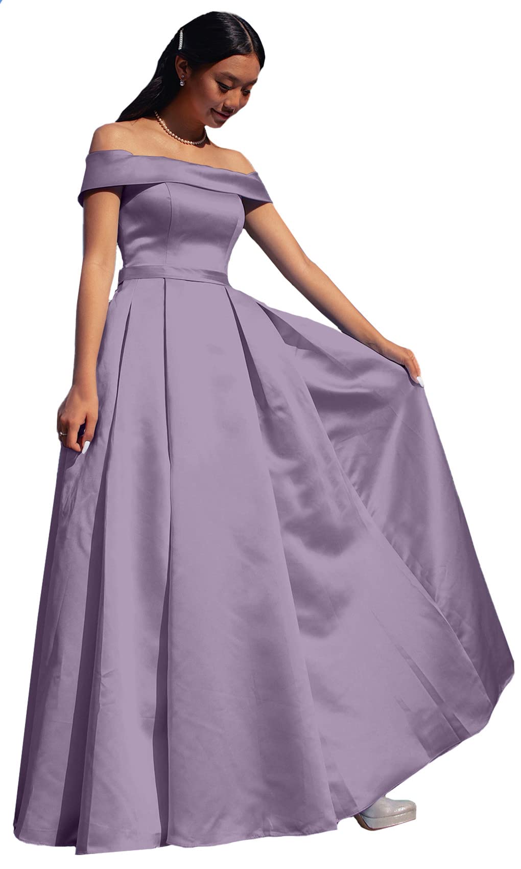 ANGELWARDROBE Women's Prom Dresses 2024 - Elegant Long Off Shoulder Formal Evening Gowns, Satin A-Line Party Dress with Slit Pockets - Perfect for Homecoming, Wedding Guest, Black Tie Events & Special Occasions