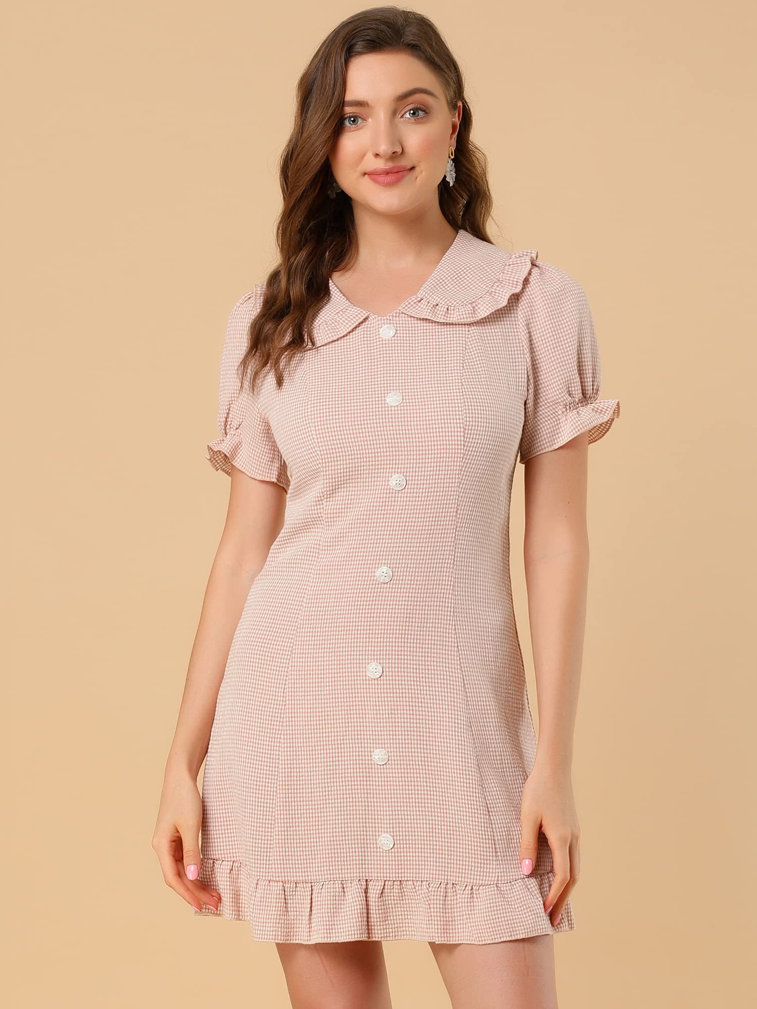 Allegra K Women's Plaid Gingham Ruffled Retro Peter Pan Collar Dress - Vintage Style Floral Print Summer Party Dress for Casual Outings & Special Occasions