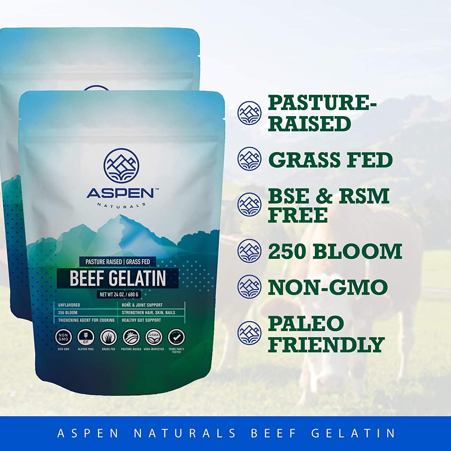 ASPEN NATURALS Grass-Fed Beef Gelatin Powder 5 lb - Paleo Protein Supplement for Hair, Skin & Nails | Gut Health Support | Unflavored, Non-GMO, Gluten-Free | Perfect for Smoothies, Baking & Homemade Gummies