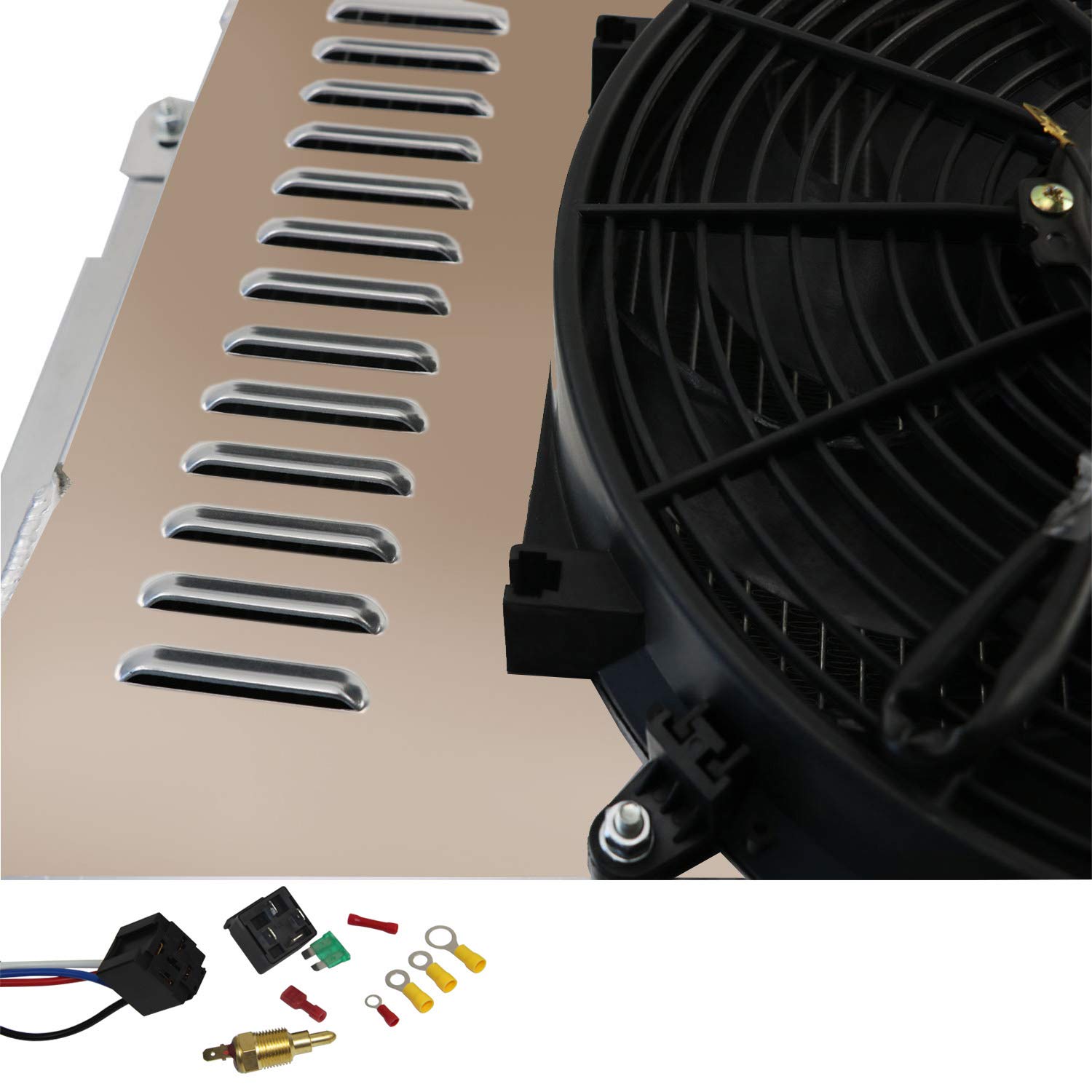 3 Row Aluminum Radiator with Shroud & Fan Kit - Compatible with 1969-1970 Chevy Impala/Bel Air (L6/V8 Engines) - High Performance Cooling Upgrade for Classic Car Restoration & Hot Rod Builds