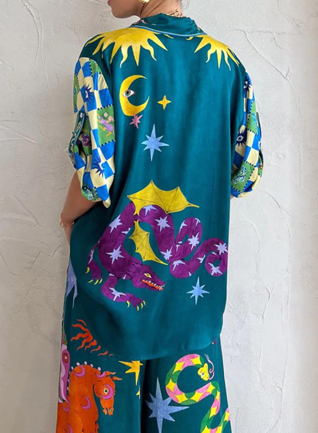 Peaceglad Women's Summer Pajama Set - Floral Print Short Sleeve Button Down Top & Drawstring Long Pants Comfy Sleepwear for Nightwear, Lounge Wear & Vacation Outfits