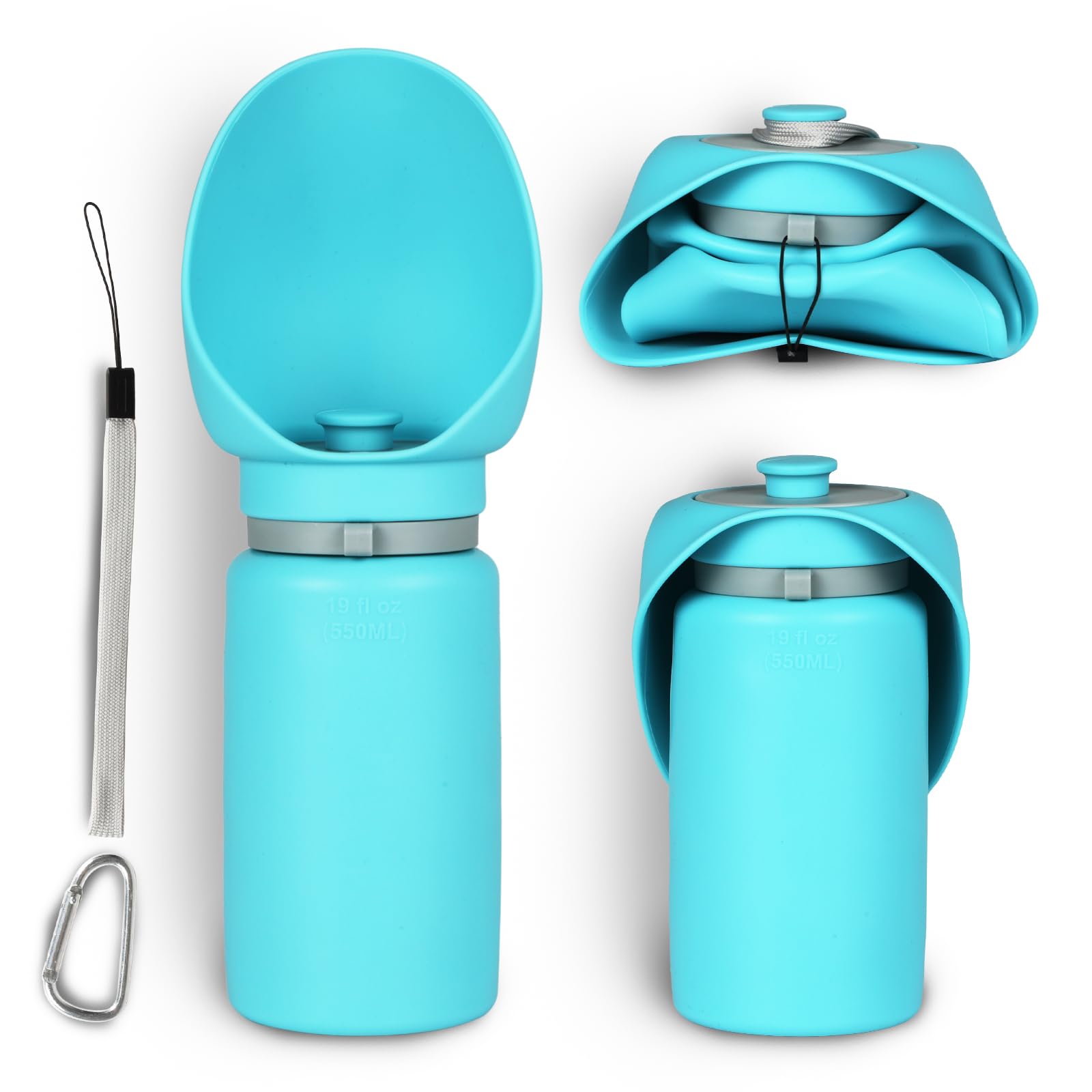 Portable Dog Water Bottle 550ml with Extra-Wide Silicone Bowl - Leakproof Foldable Pet Water Dispenser for Hiking, Walking, Camping & Travel - BPA-Free Food Grade (Cyan) | Perfect for Outdoor Adventures & Daily Walks