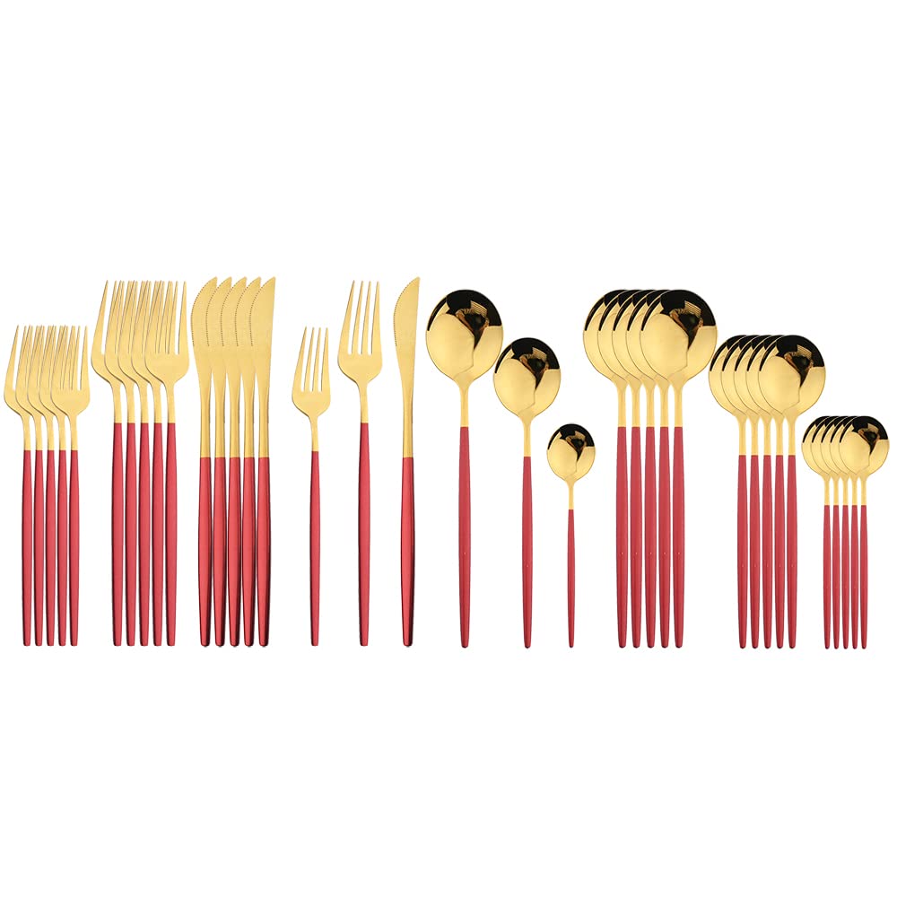36-Piece Stainless Steel Silverware Flatware Set - Knife, Fork, Spoon, Teaspoon for Dinner & Dessert - Elegant Red Gold Cutlery Set for Kitchen, Dining & Entertaining
