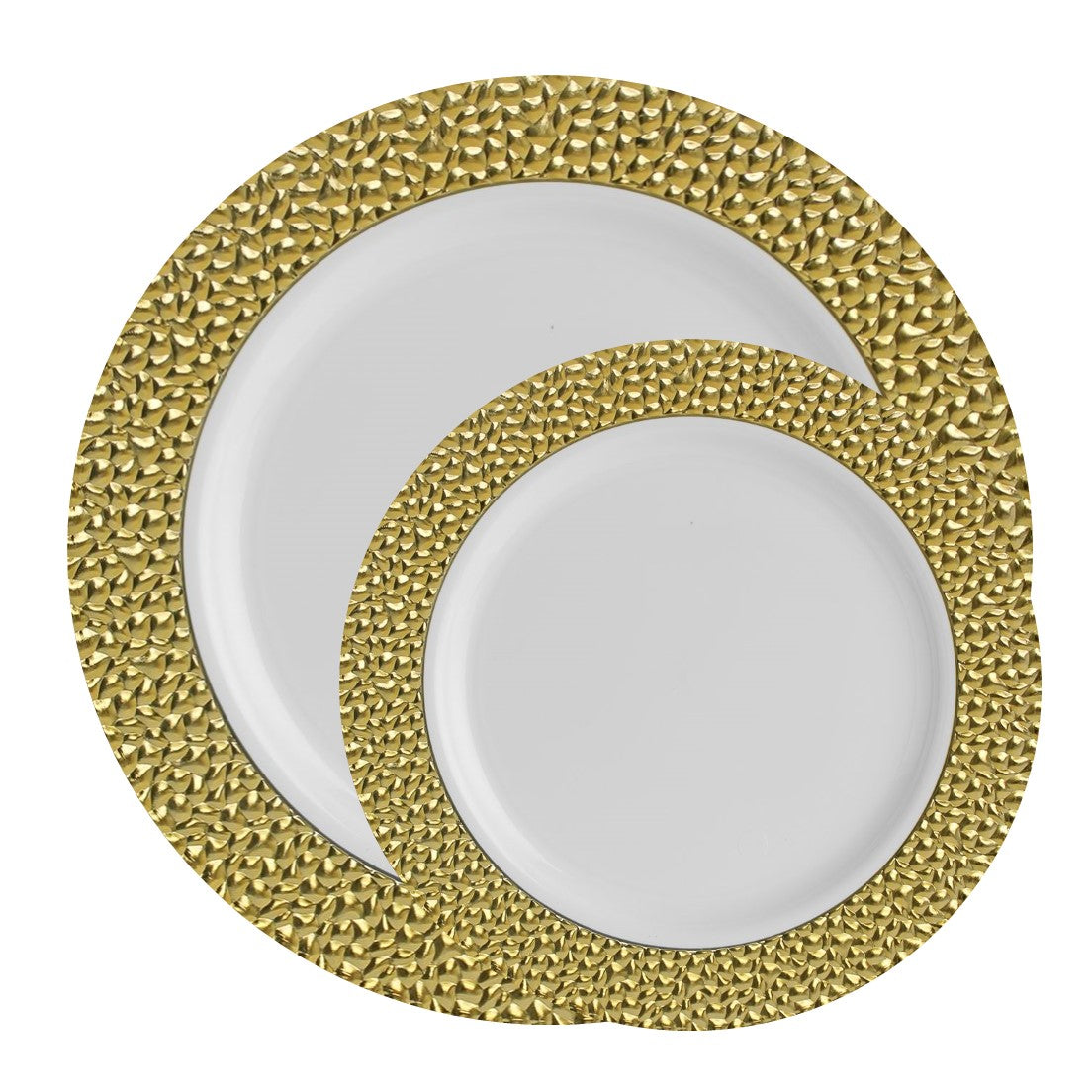 40-Piece White & Gold Round Plastic Dinnerware Set - Elegant Hammered Design for Parties, Weddings & Outdoor Events