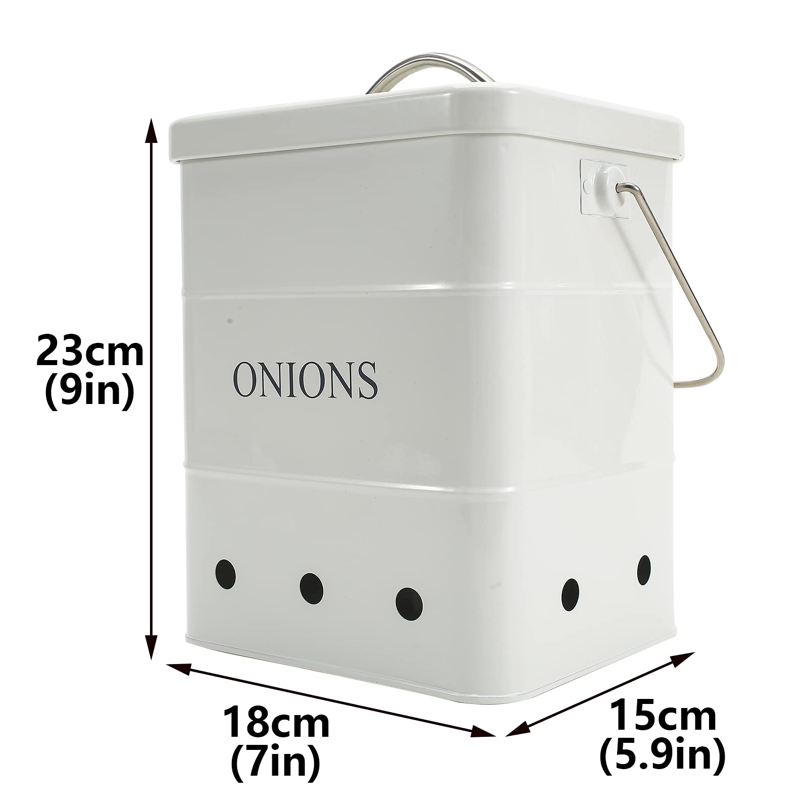 Metal Onion Storage Bin with Aerating Holes - Kitchen Pantry Organizer for Fresh Vegetables (White)