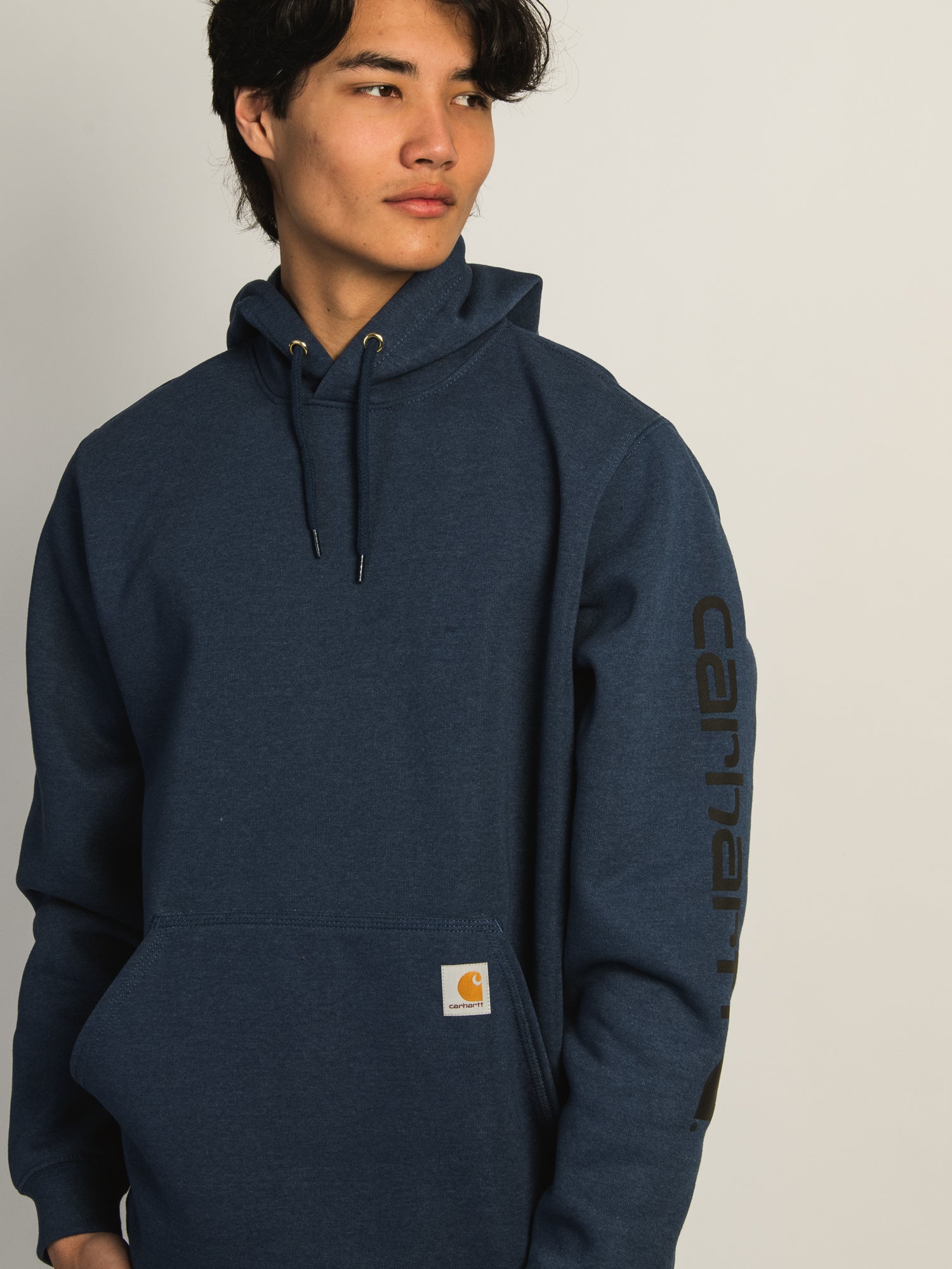 Carhartt Logo Sleeve Graphic Pullover Hoodie for Men & Women - Comfortable Fleece-Lined Sweatshirt for Outdoor Work, Casual Wear & Street Style - Ocean Blue